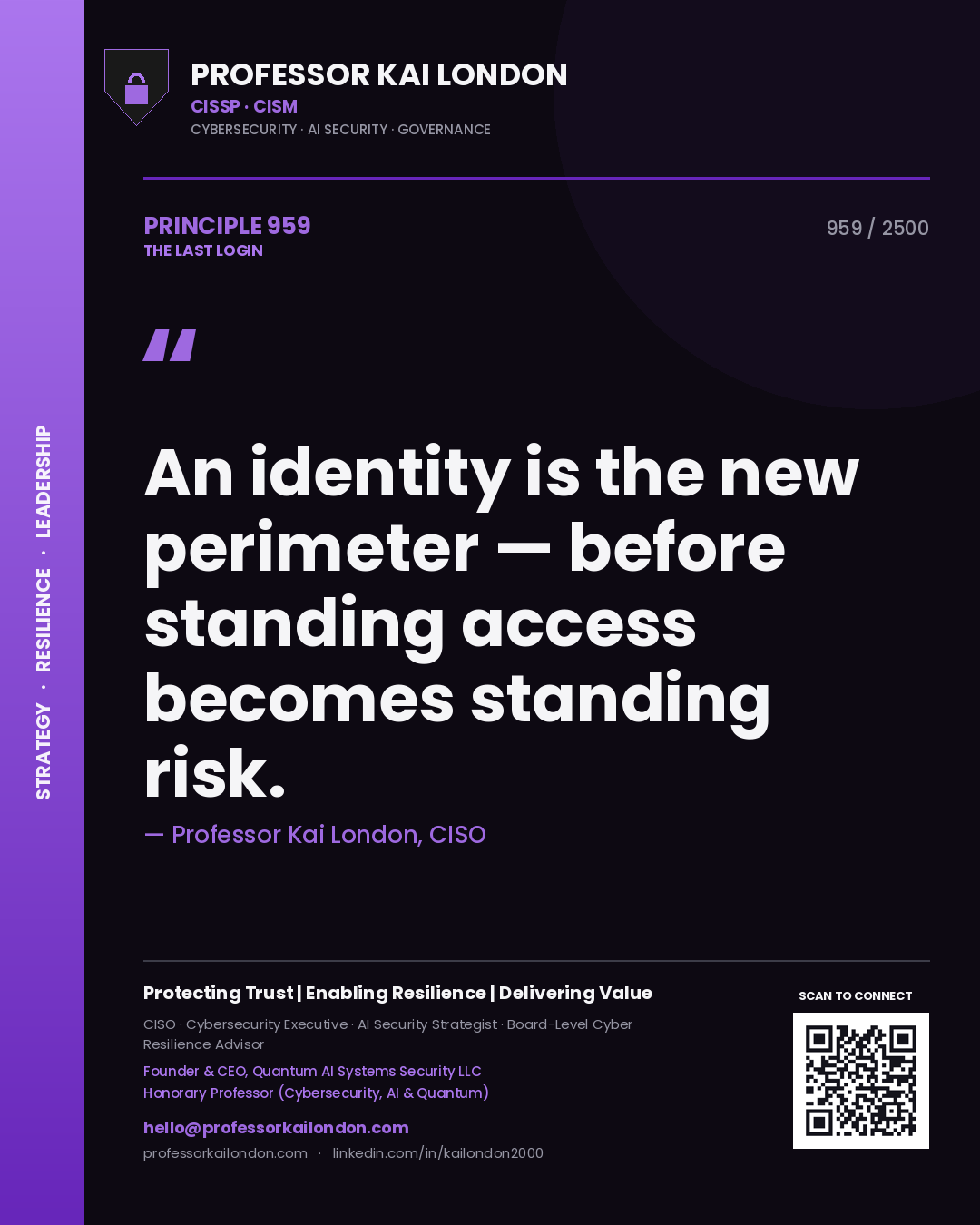 Professor Kai London principle 959: An identity is the new perimeter — before standing access becomes standing risk.