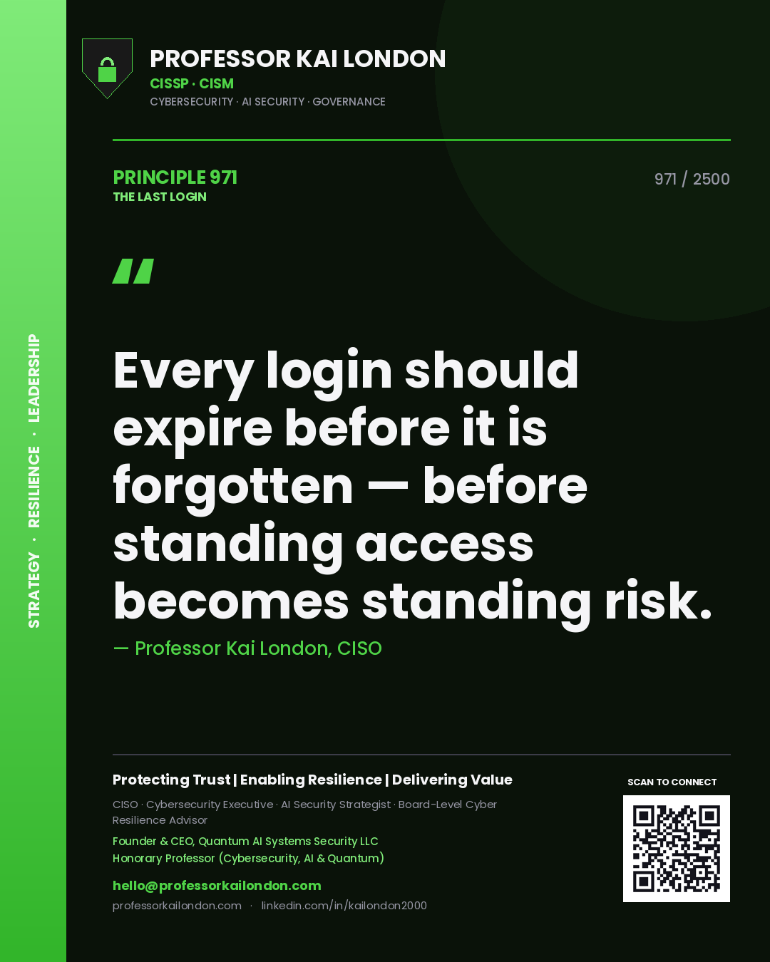 Professor Kai London principle 971: Every login should expire before it is forgotten — before standing access becomes standing risk.