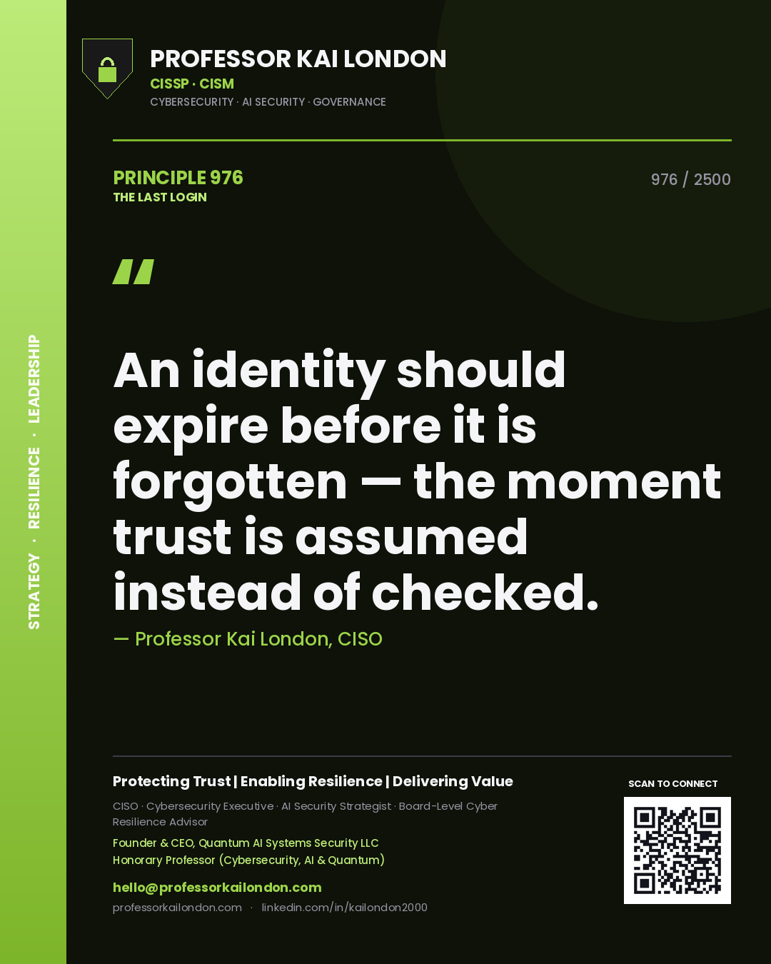 Professor Kai London principle 976: An identity should expire before it is forgotten — the moment trust is assumed instead of checked.