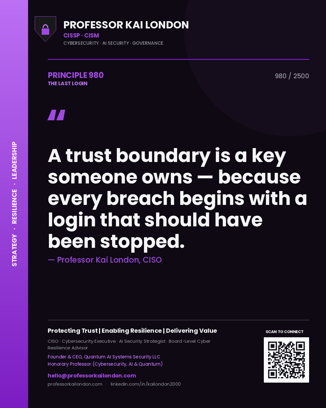 Professor Kai London principle 980: A trust boundary is a key someone owns — because every breach begins with a login that should have been stopped.