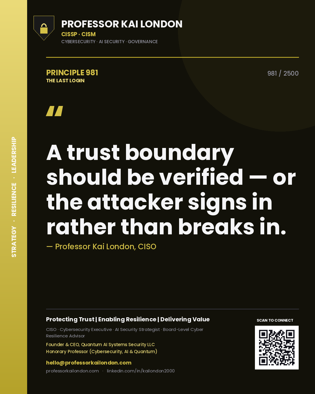 Professor Kai London principle 981: A trust boundary should be verified — or the attacker signs in rather than breaks in.