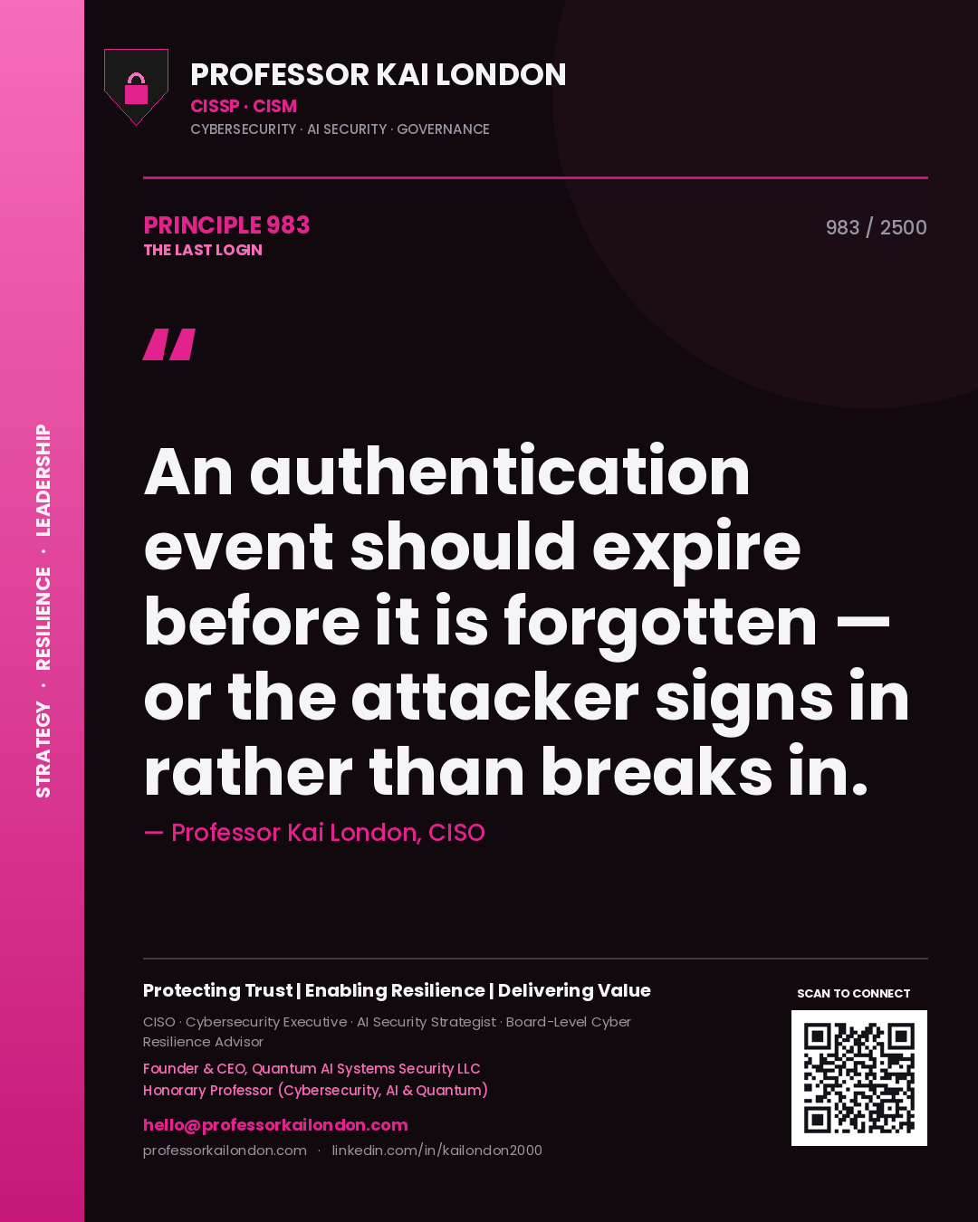 Professor Kai London principle 983: An authentication event should expire before it is forgotten — or the attacker signs in rather than breaks in.