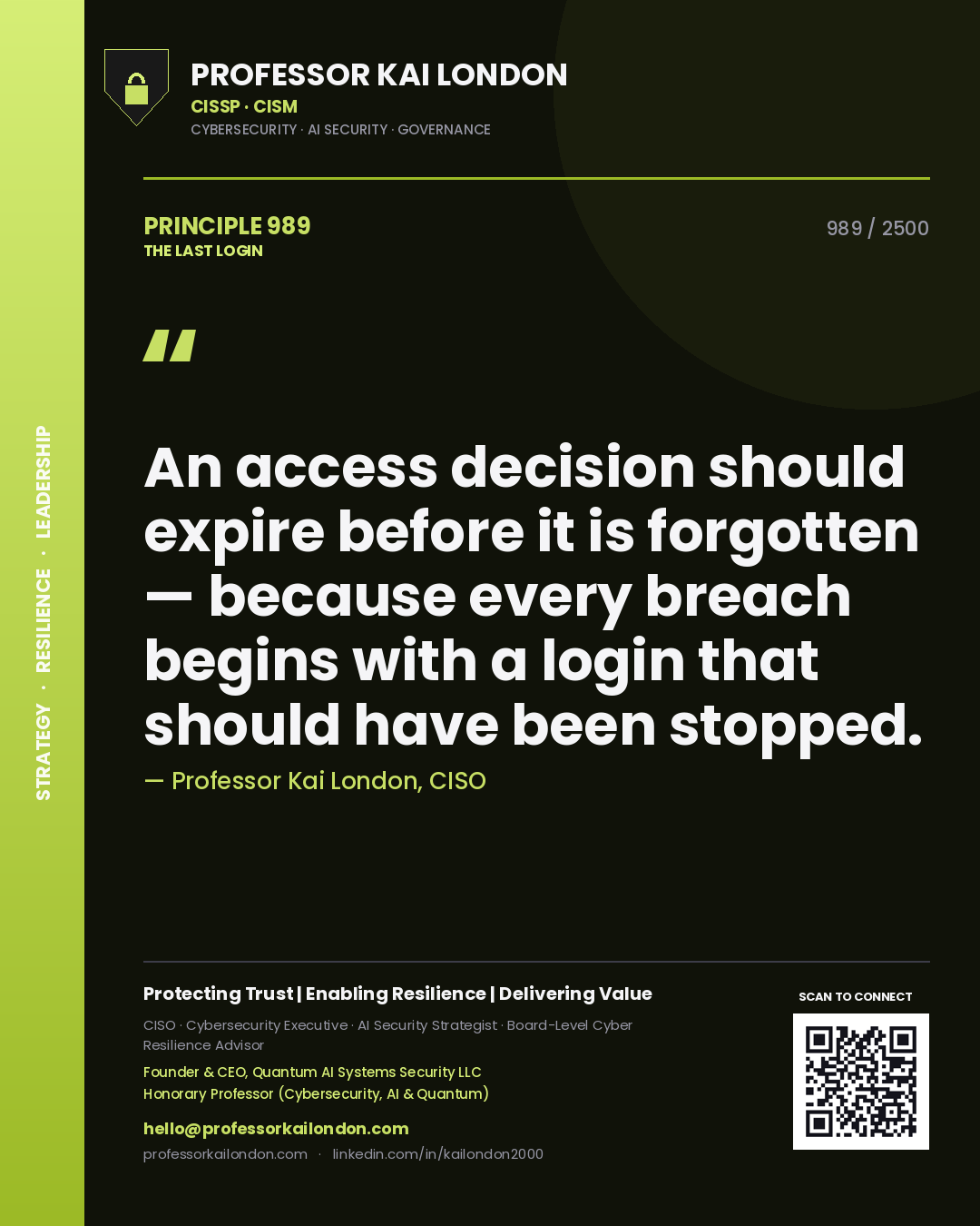 Professor Kai London principle 989: An access decision should expire before it is forgotten — because every breach begins with a login that should have been stopped.