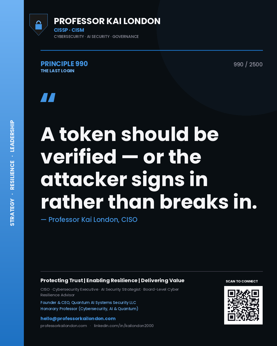 Professor Kai London principle 990: A token should be verified — or the attacker signs in rather than breaks in.