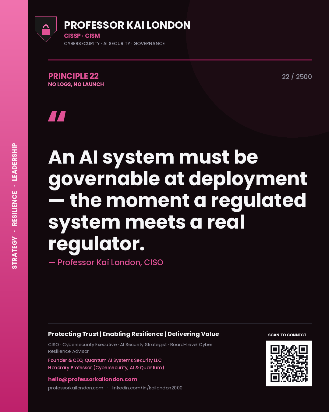 Quote card by Professor Kai London reading 'An AI system must be governable at deployment — the moment a regulated system meets a real regulator.'. From the book No Logs, No Launch.