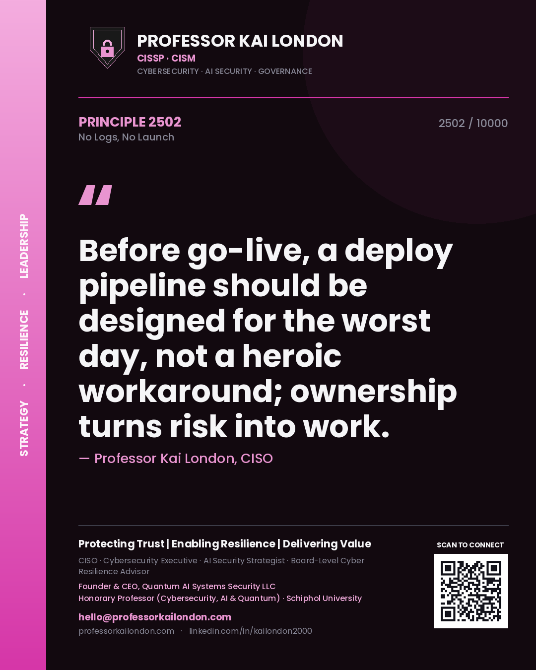 Quote card by Professor Kai London reading 'Before go-live, a deploy pipeline should be designed for the worst day, not a heroic workaround; ownership turns risk into work.'. From the book No Logs, No Launch.
