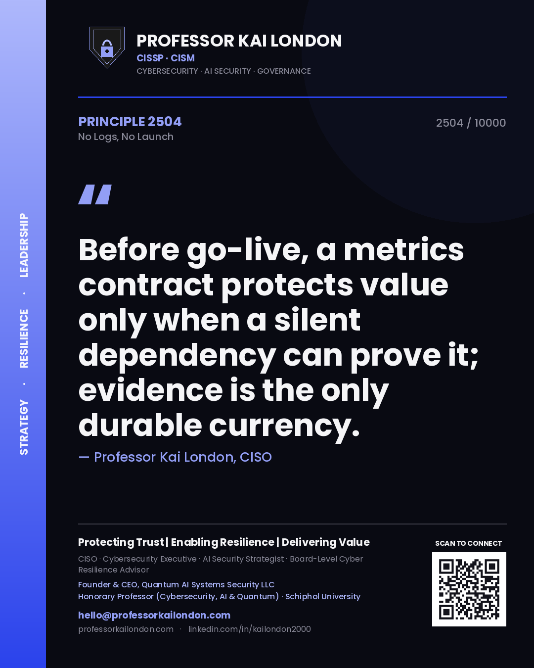 Quote card by Professor Kai London reading 'Before go-live, a metrics contract protects value only when a silent dependency can prove it; evidence is the only durable currency.'. From the book No Logs, No Launch.