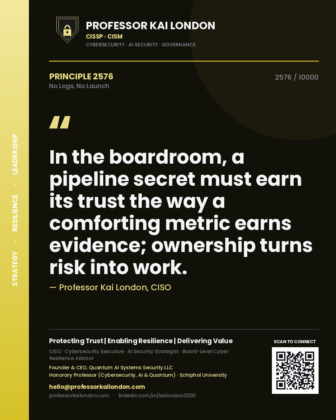 Quote card by Professor Kai London reading 'In the boardroom, a pipeline secret must earn its trust the way a comforting metric earns evidence; ownership turns risk into work.'. From the book No Logs, No Launch.