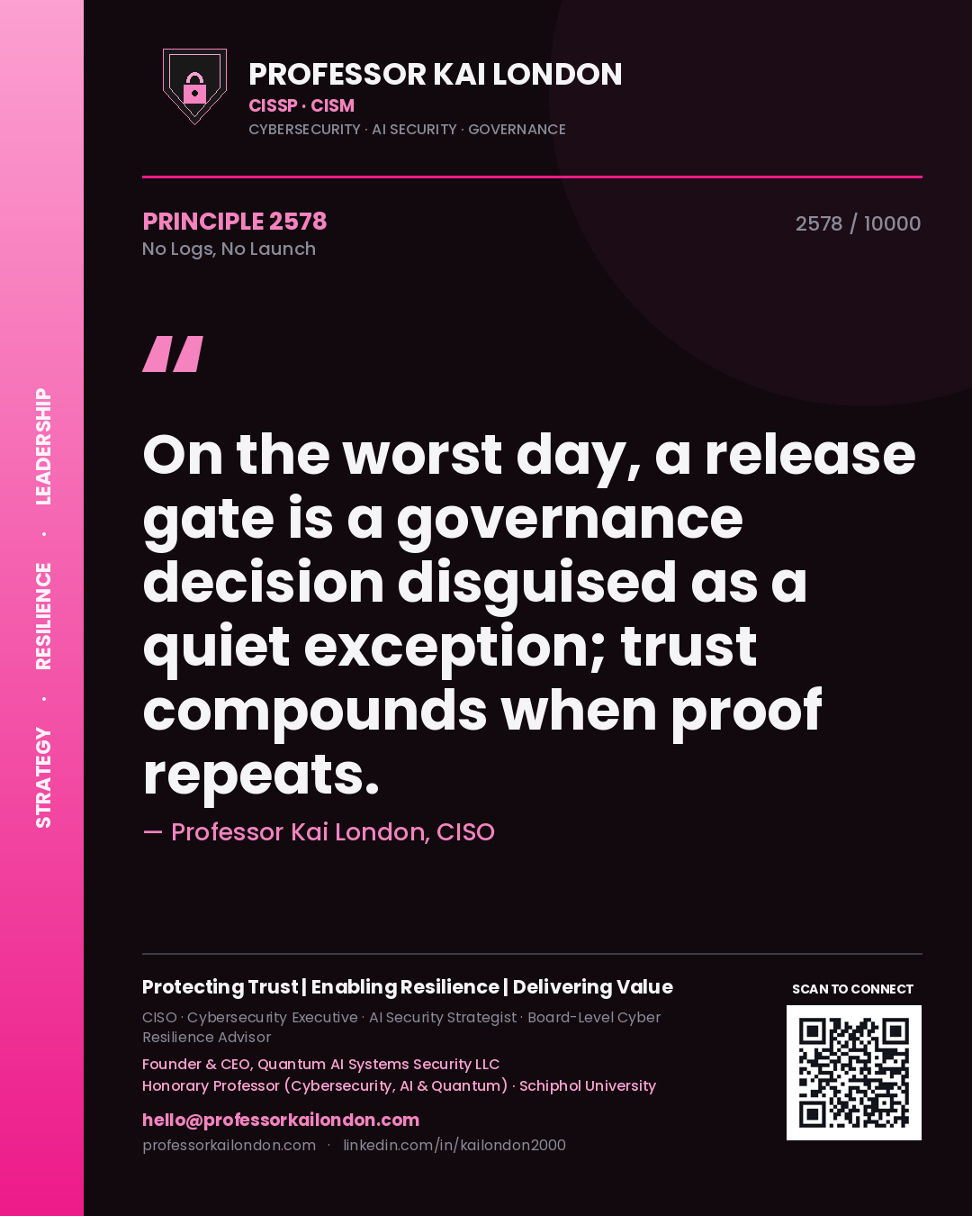 Quote card by Professor Kai London reading 'On the worst day, a release gate is a governance decision disguised as a quiet exception; trust compounds when proof repeats.'. From the book No Logs, No Launch.