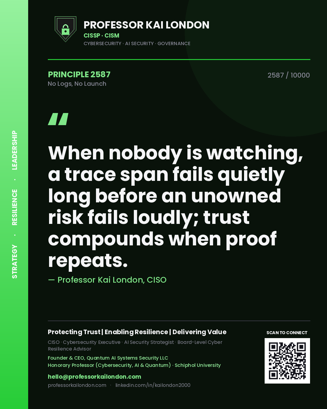 Quote card by Professor Kai London reading 'When nobody is watching, a trace span fails quietly long before an unowned risk fails loudly; trust compounds when proof repeats.'. From the book No Logs, No Launch.
