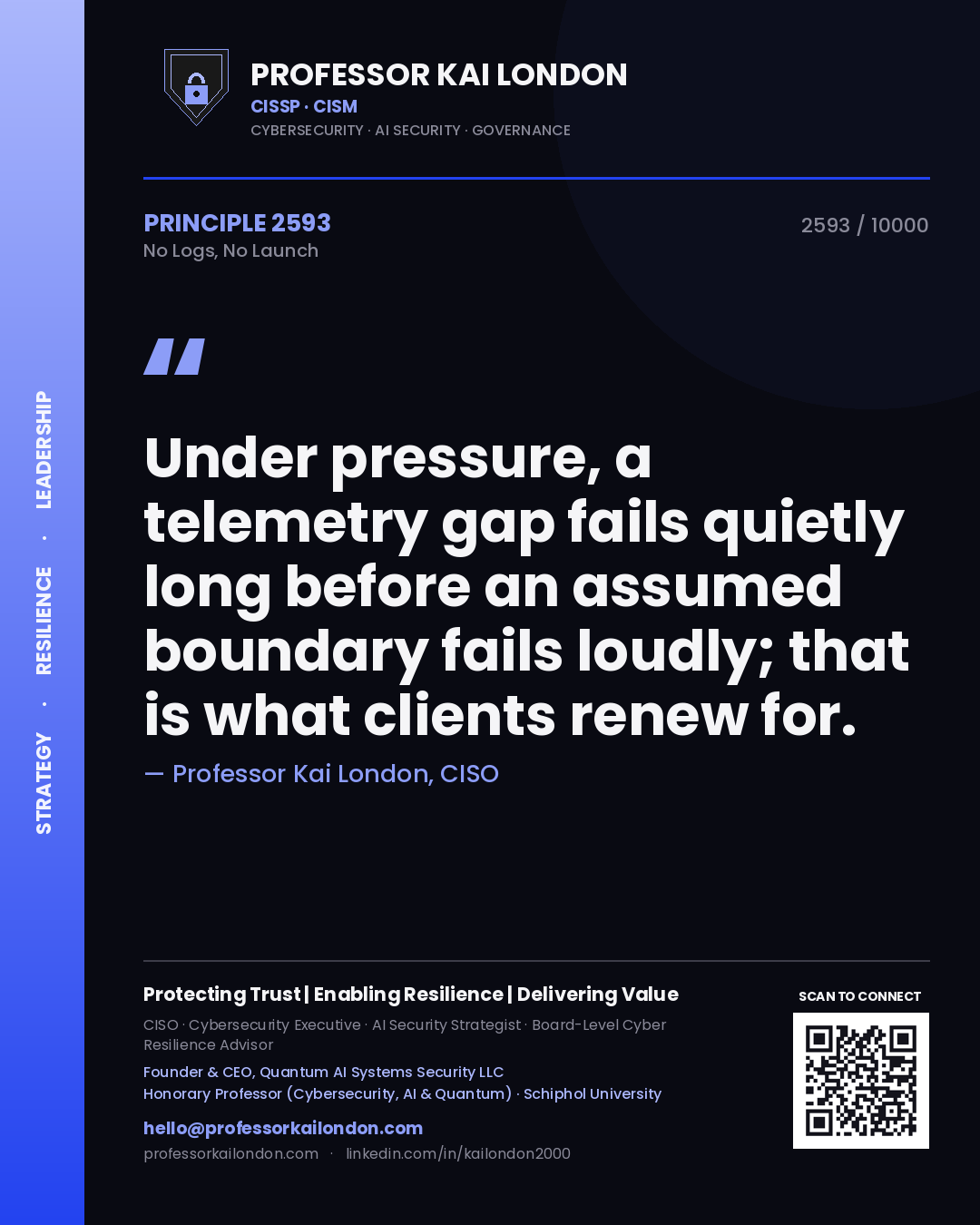 Quote card by Professor Kai London reading 'Under pressure, a telemetry gap fails quietly long before an assumed boundary fails loudly; that is what clients renew for.'. From the book No Logs, No Launch.