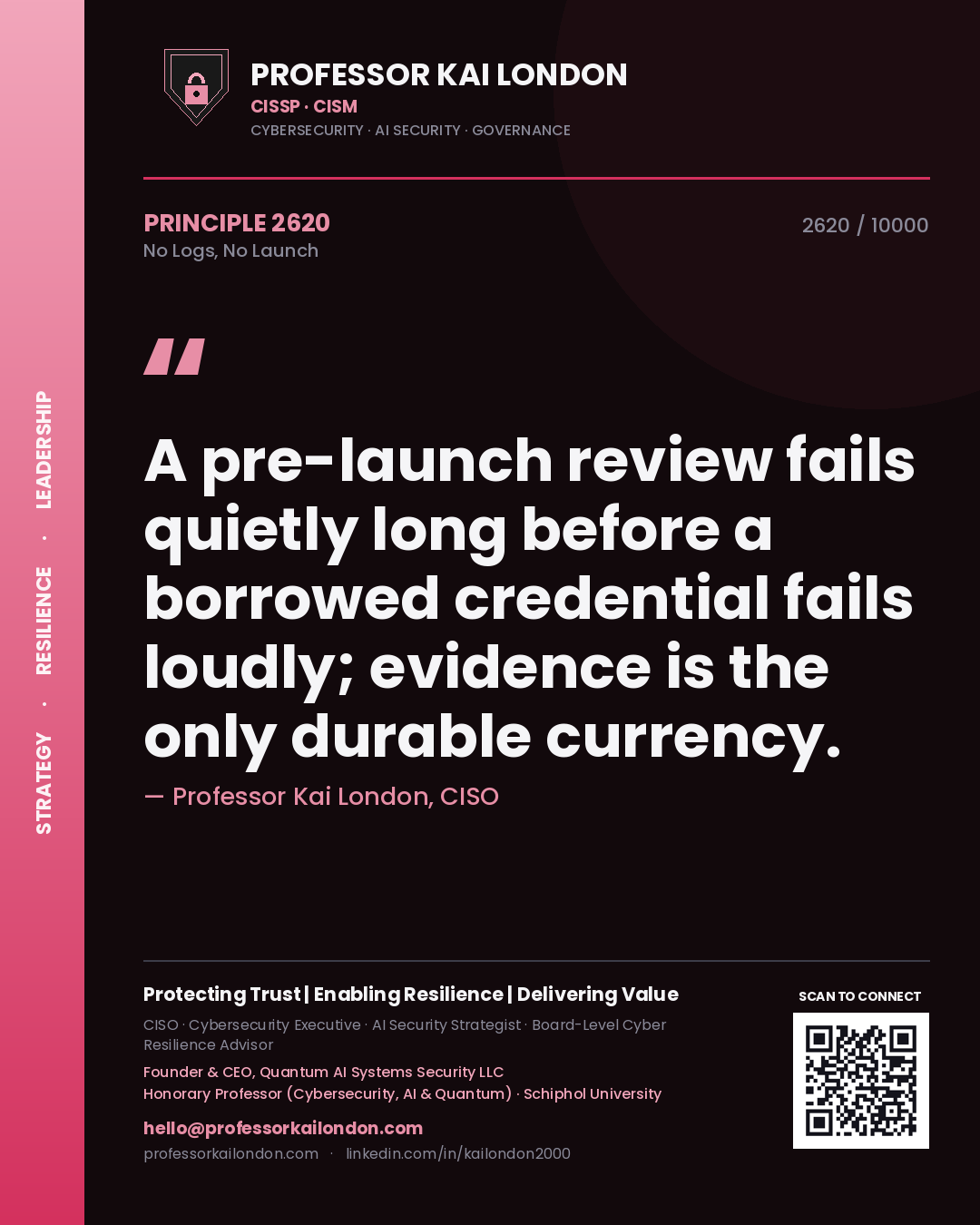 Professor Kai London principle 2620: A pre-launch review fails quietly long before a borrowed credential fails loudly; evidence is the only durable currency.