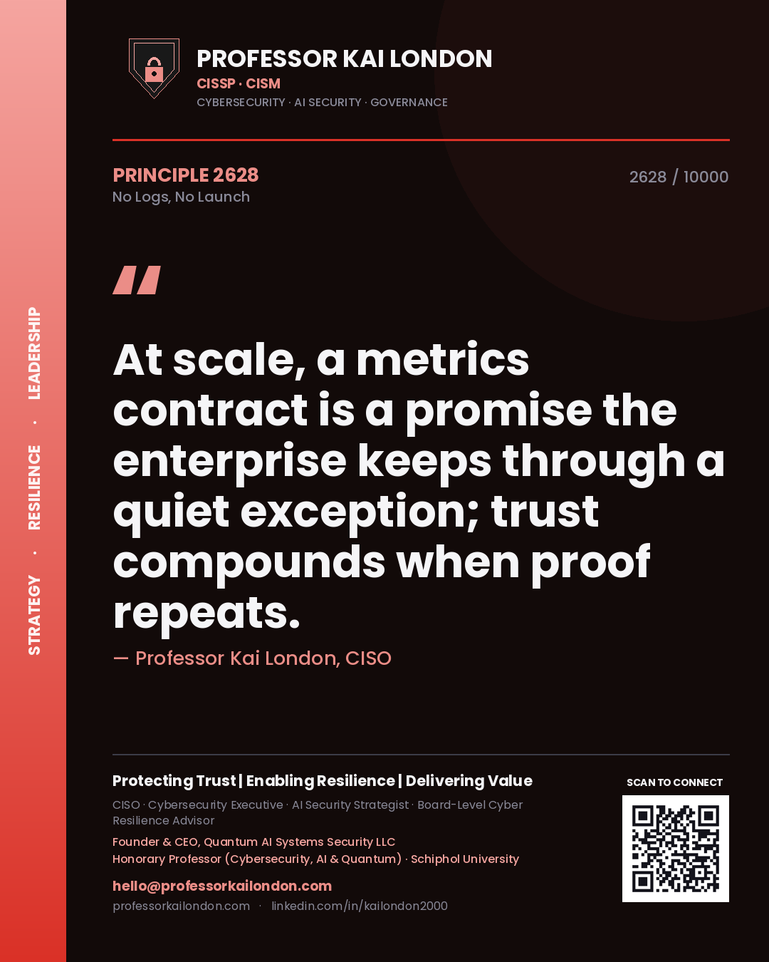 Professor Kai London principle 2628: At scale, a metrics contract is a promise the enterprise keeps through a quiet exception; trust compounds when proof repeats.