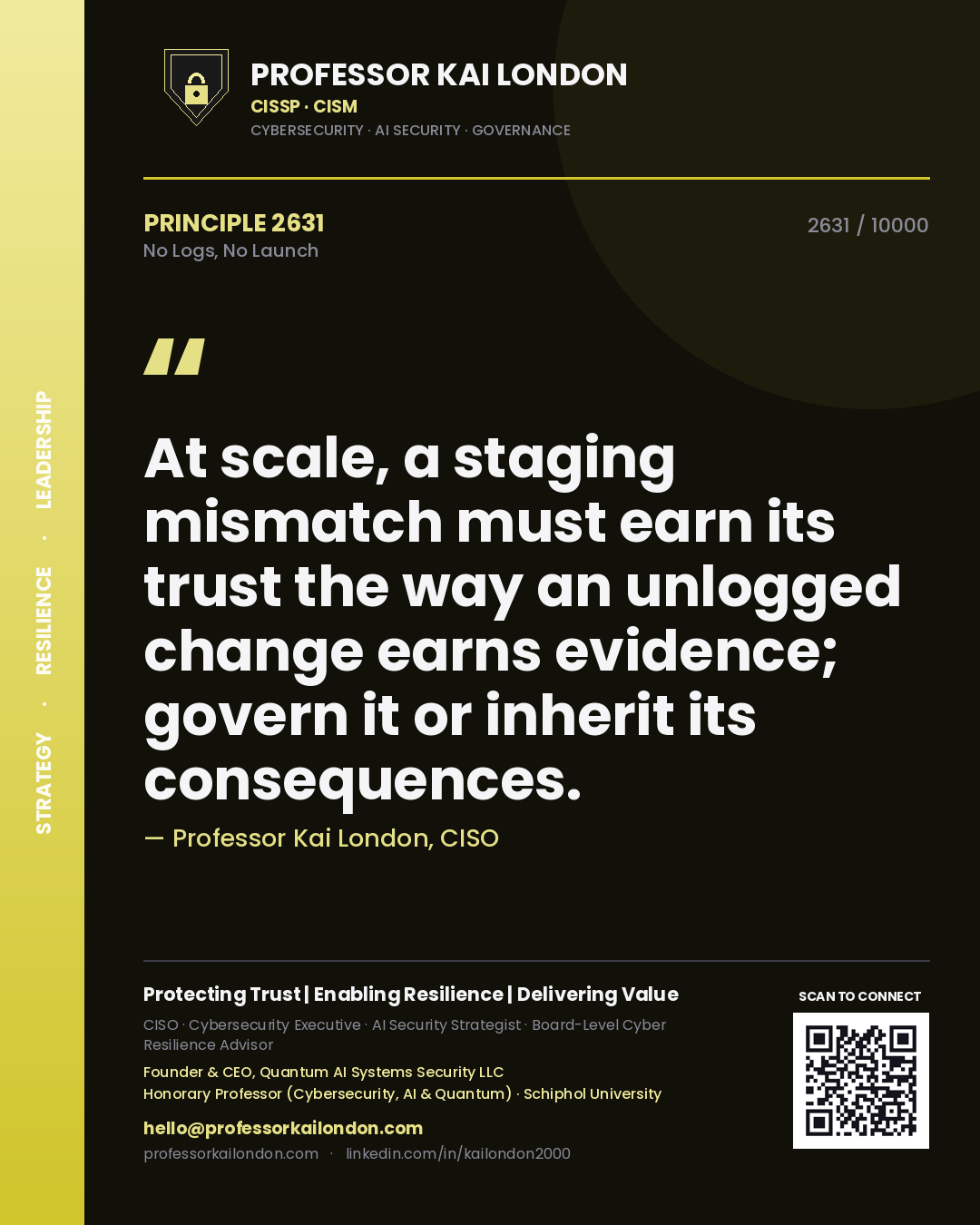 Professor Kai London principle 2631: At scale, a staging mismatch must earn its trust the way an unlogged change earns evidence; govern it or inherit its consequences.