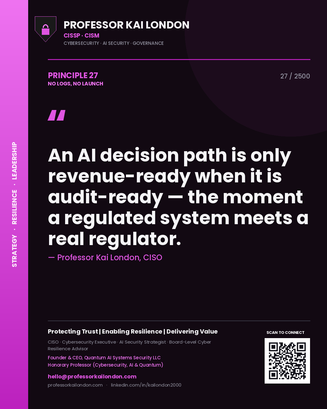 Professor Kai London principle 27: An AI decision path is only revenue-ready when it is audit-ready — the moment a regulated system meets a real regulator.