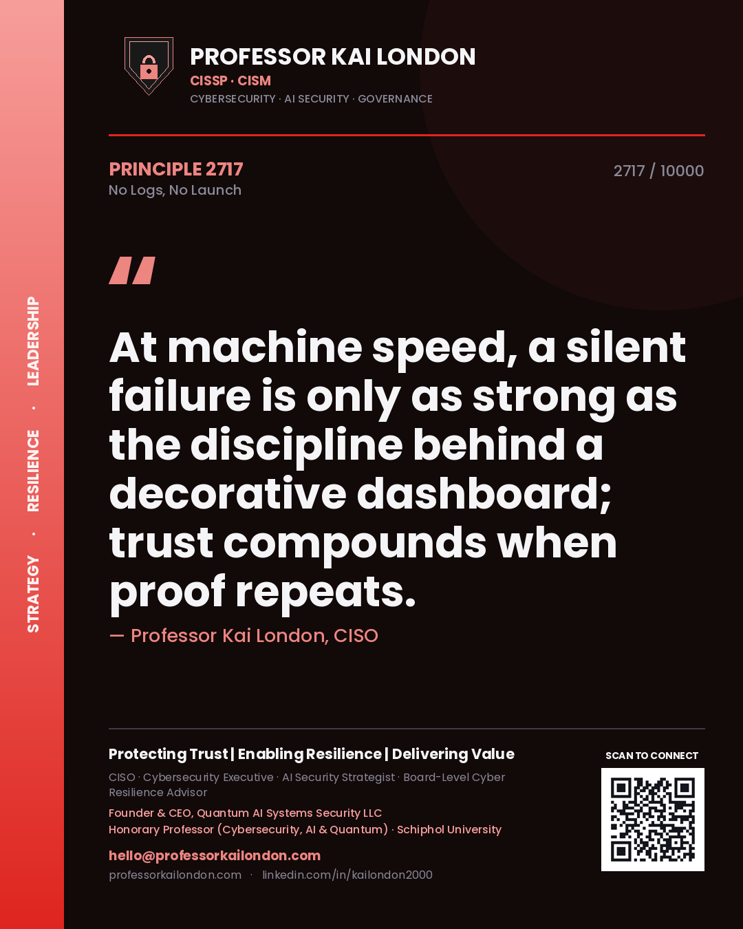 Professor Kai London principle 2717: At machine speed, a silent failure is only as strong as the discipline behind a decorative dashboard; trust compounds when proof repeats.