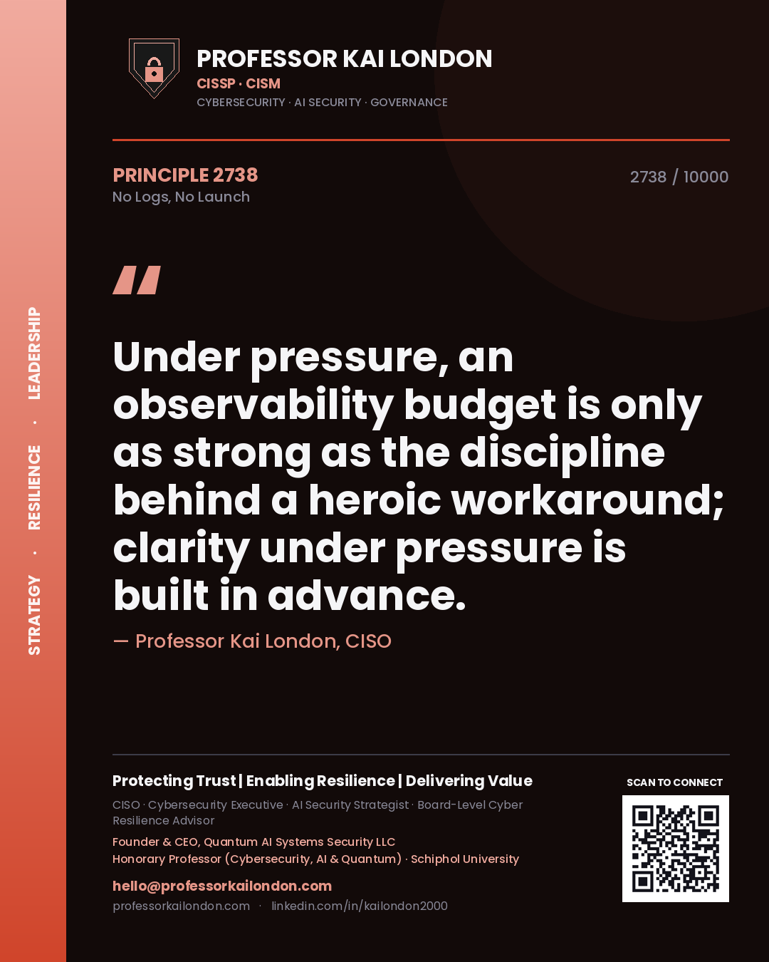 Quote card by Professor Kai London reading 'Under pressure, an observability budget is only as strong as the discipline behind a heroic workaround; clarity under pressure is built in advance.'. From the book No Logs, No Launch.