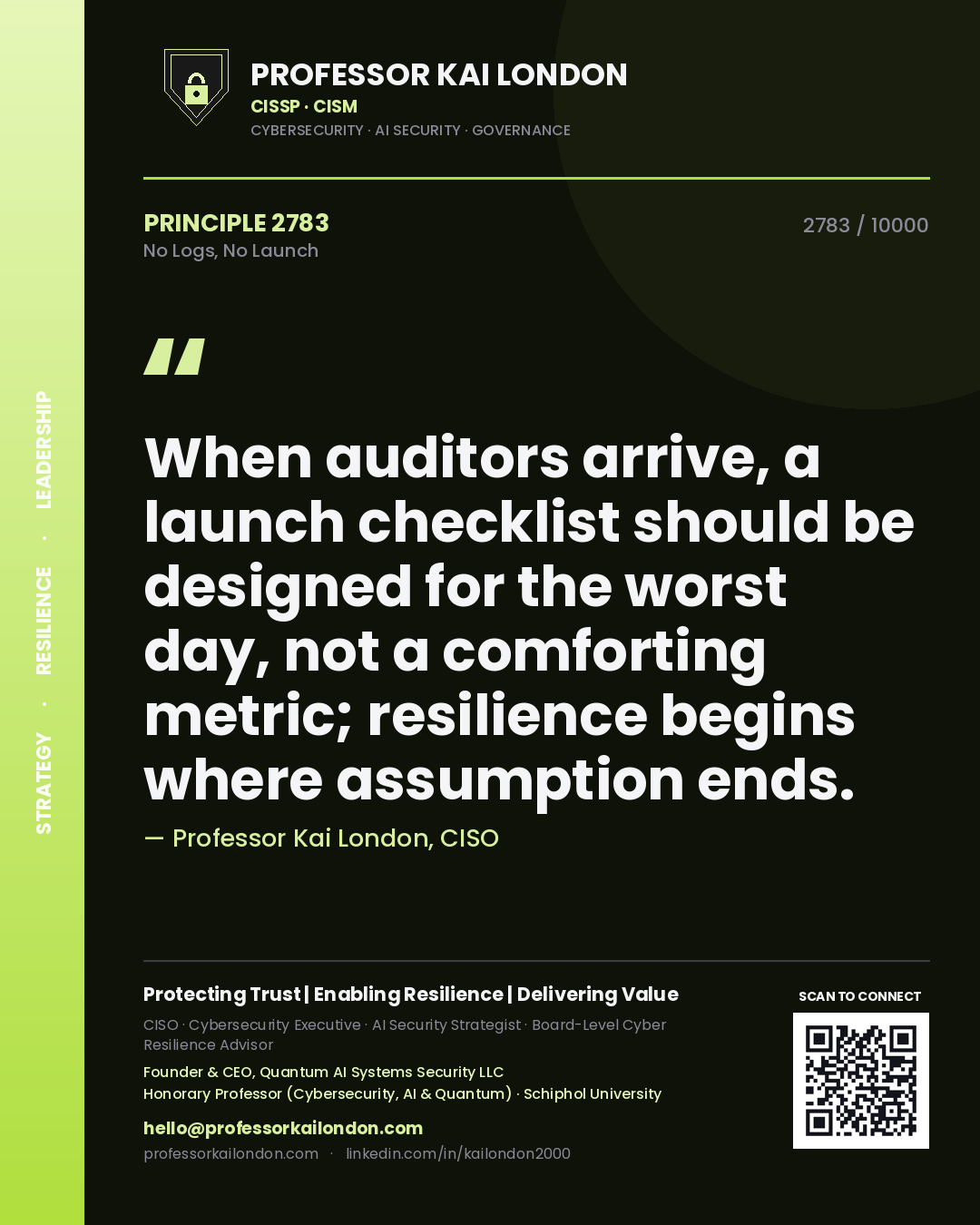 Quote card by Professor Kai London reading 'When auditors arrive, a launch checklist should be designed for the worst day, not a comforting metric; resilience begins where assumption ends.'. From the book No Logs, No Launch.