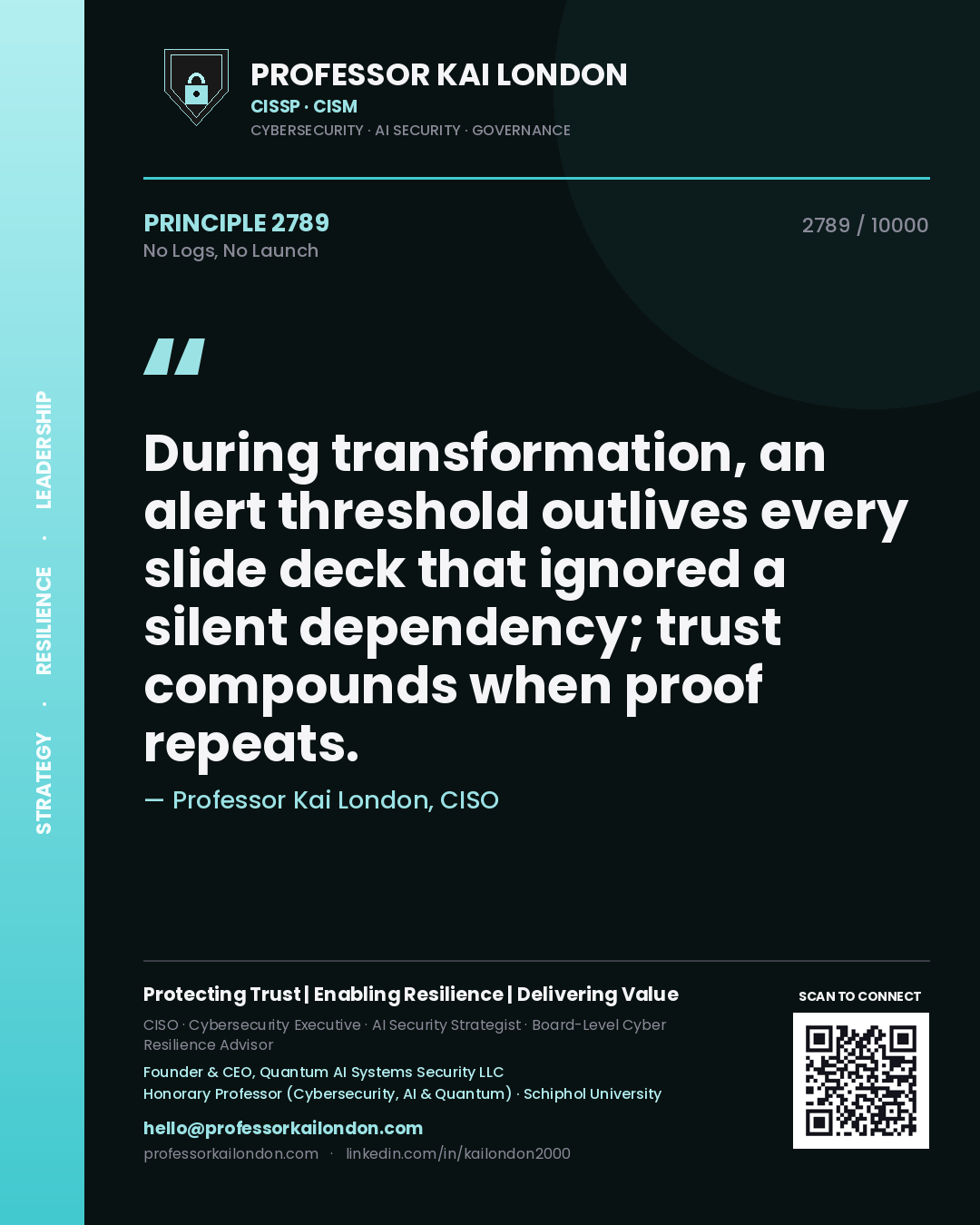 Quote card by Professor Kai London reading 'During transformation, an alert threshold outlives every slide deck that ignored a silent dependency; trust compounds when proof repeats.'. From the book No Logs, No Launch.