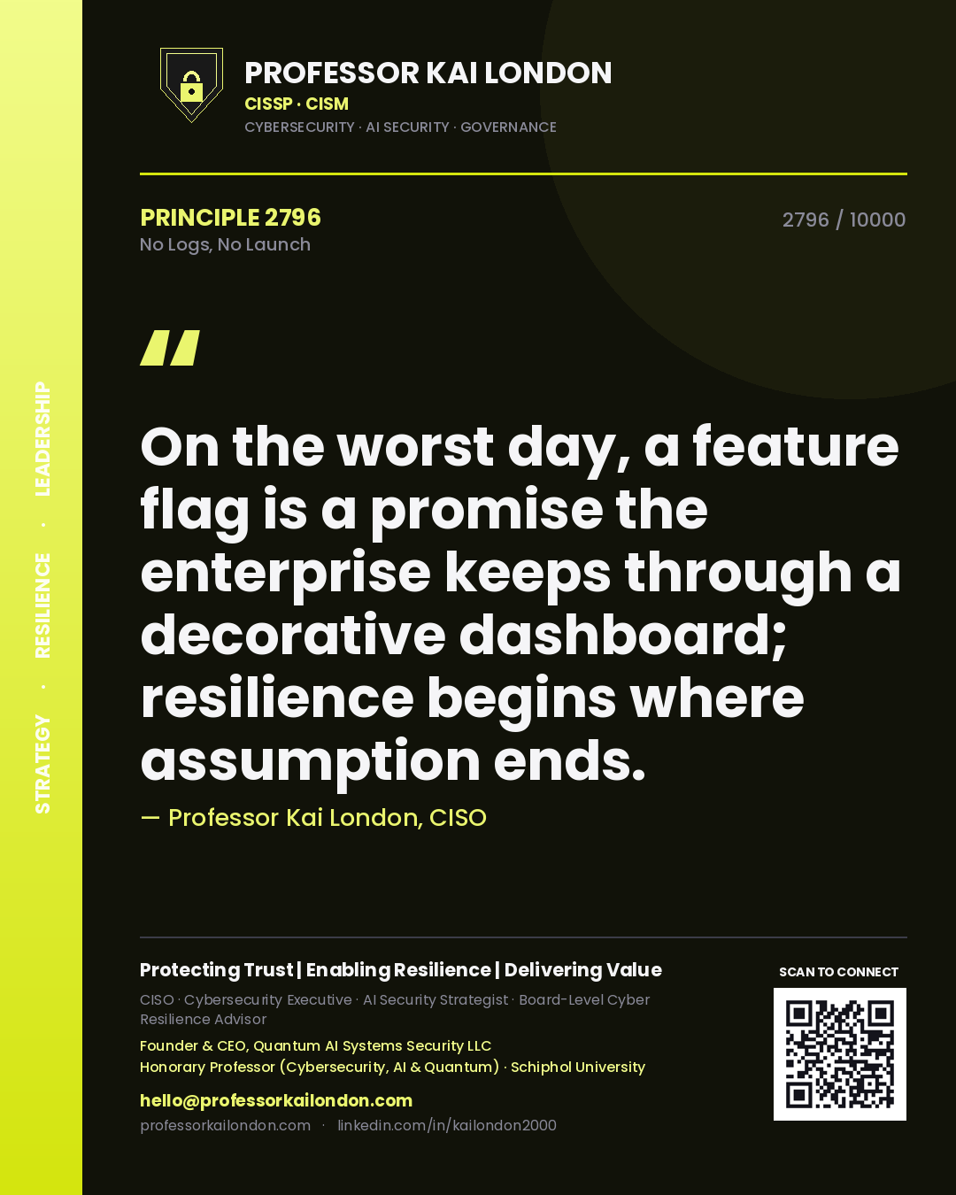 Professor Kai London principle 2796: On the worst day, a feature flag is a promise the enterprise keeps through a decorative dashboard; resilience begins where assumption ends.