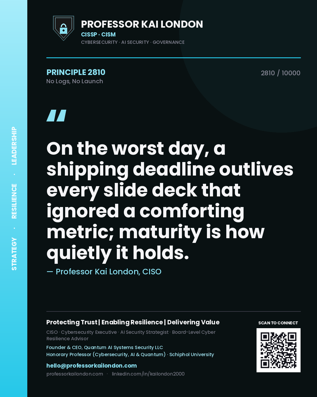 Quote card by Professor Kai London reading 'On the worst day, a shipping deadline outlives every slide deck that ignored a comforting metric; maturity is how quietly it holds.'. From the book No Logs, No Launch.
