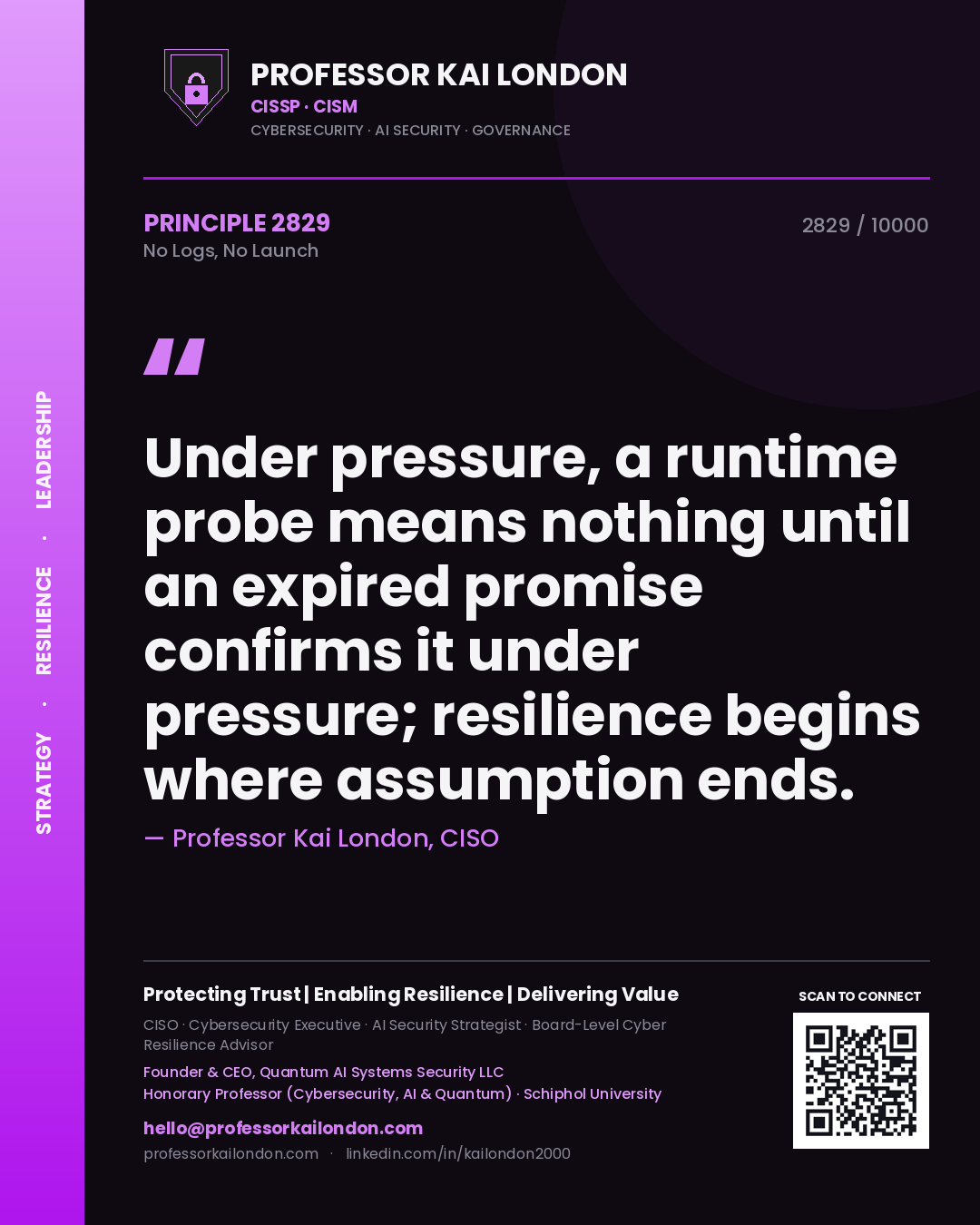 Quote card by Professor Kai London reading 'Under pressure, a runtime probe means nothing until an expired promise confirms it under pressure; resilience begins where assumption ends.'. From the book No Logs, No Launch.