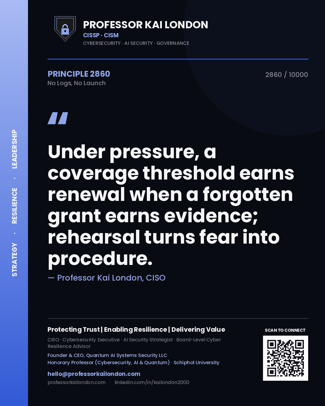 Quote card by Professor Kai London reading 'Under pressure, a coverage threshold earns renewal when a forgotten grant earns evidence; rehearsal turns fear into procedure.'. From the book No Logs, No Launch.