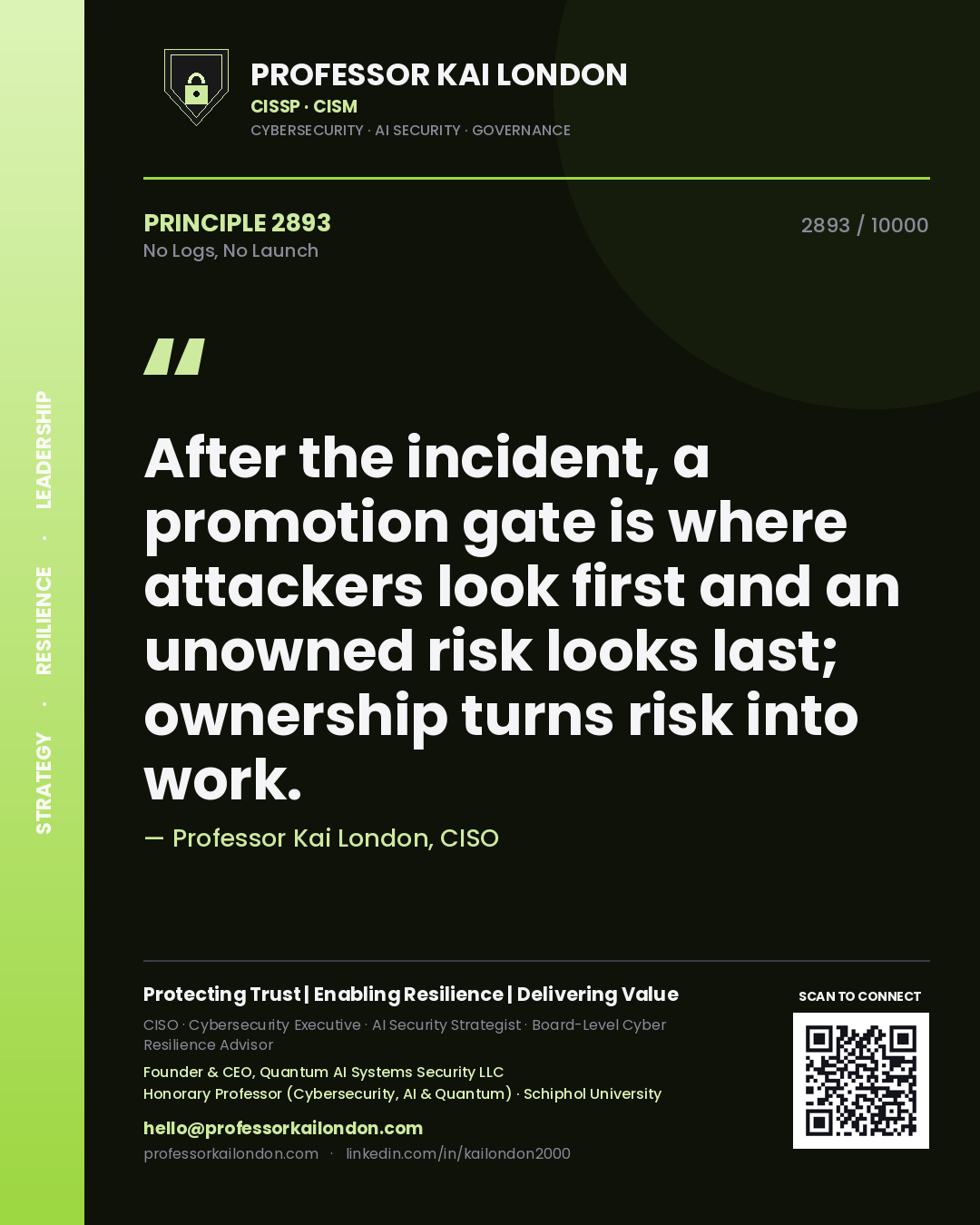 Quote card by Professor Kai London reading 'After the incident, a promotion gate is where attackers look first and an unowned risk looks last; ownership turns risk into work.'. From the book No Logs, No Launch.