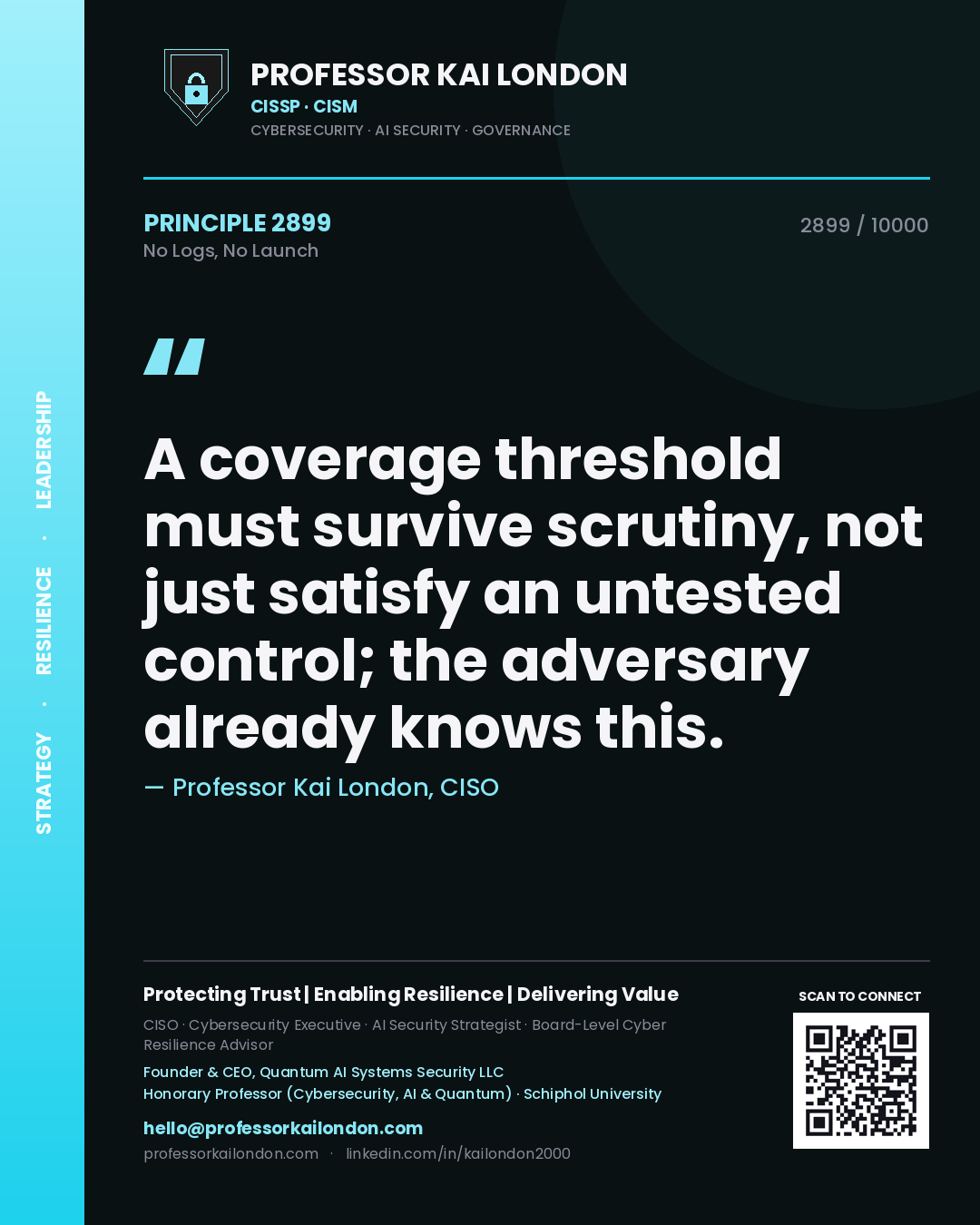 Quote card by Professor Kai London reading 'A coverage threshold must survive scrutiny, not just satisfy an untested control; the adversary already knows this.'. From the book No Logs, No Launch.
