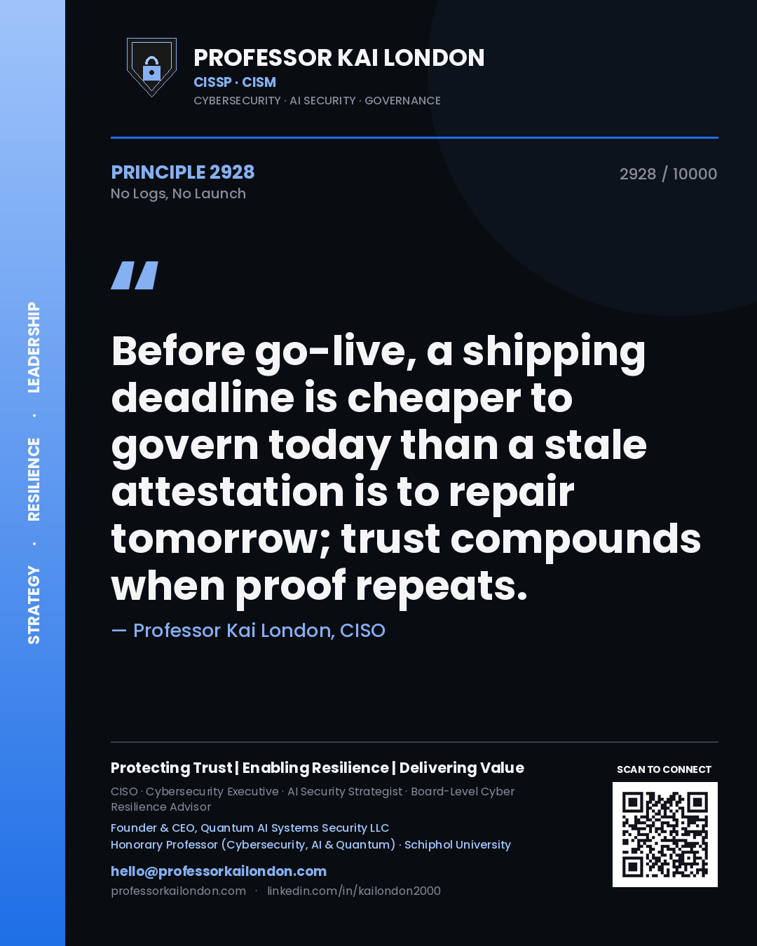 Quote card by Professor Kai London reading 'Before go-live, a shipping deadline is cheaper to govern today than a stale attestation is to repair tomorrow; trust compounds when proof repeats.'. From the book No Logs, No Launch.
