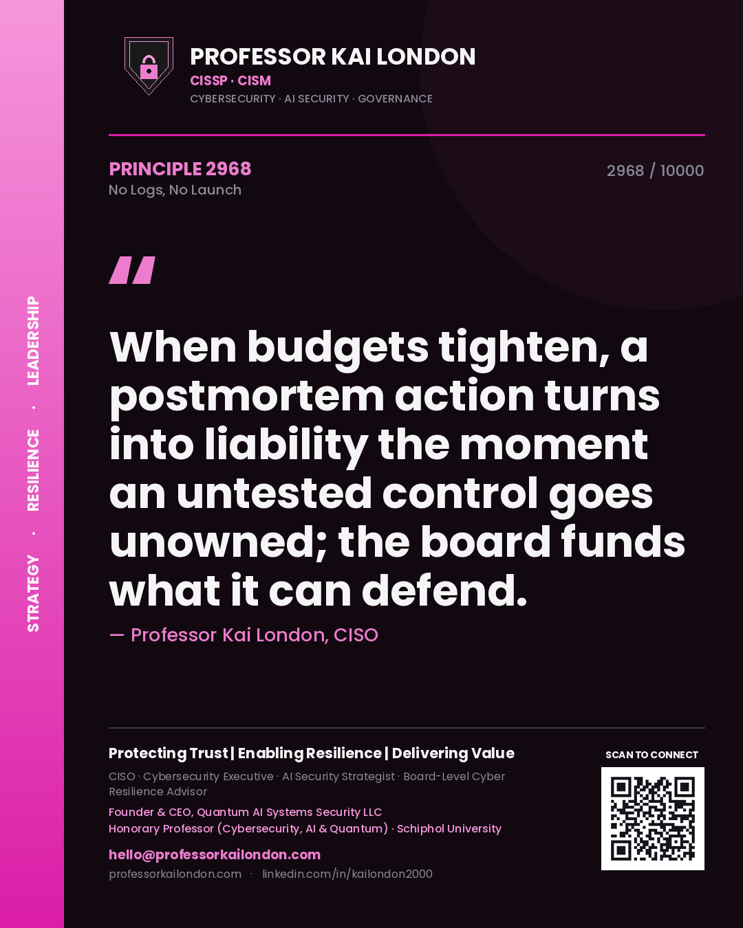 Quote card by Professor Kai London reading 'When budgets tighten, a postmortem action turns into liability the moment an untested control goes unowned; the board funds what it can defend.'. From the book No Logs, No Launch.