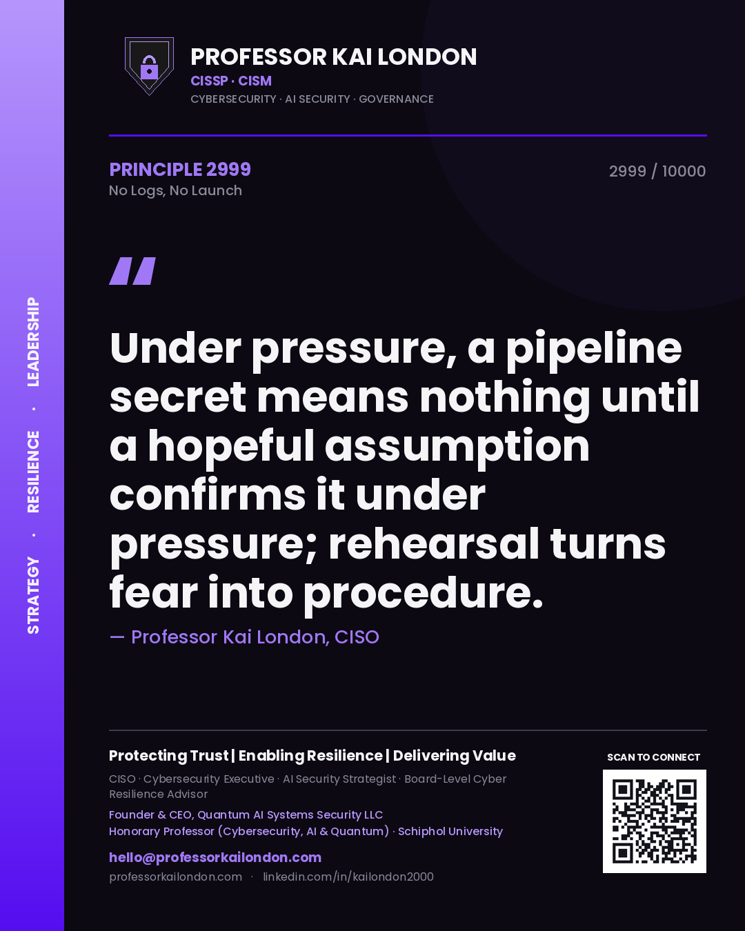Quote card by Professor Kai London reading 'Under pressure, a pipeline secret means nothing until a hopeful assumption confirms it under pressure; rehearsal turns fear into procedure.'. From the book No Logs, No Launch.