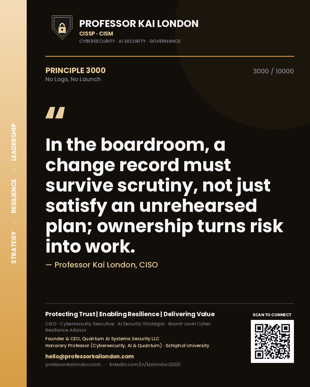 Professor Kai London principle 3000: In the boardroom, a change record must survive scrutiny, not just satisfy an unrehearsed plan; ownership turns risk into work.