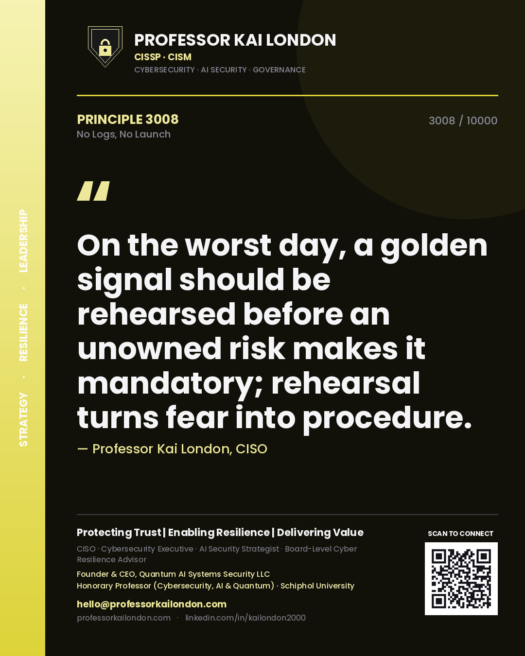 Professor Kai London principle 3008: On the worst day, a golden signal should be rehearsed before an unowned risk makes it mandatory; rehearsal turns fear into procedure.