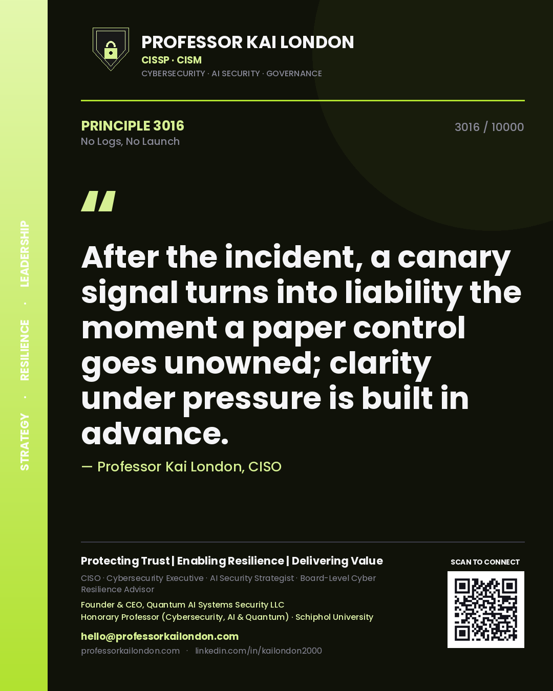Quote card by Professor Kai London reading 'After the incident, a canary signal turns into liability the moment a paper control goes unowned; clarity under pressure is built in advance.'. From the book No Logs, No Launch.