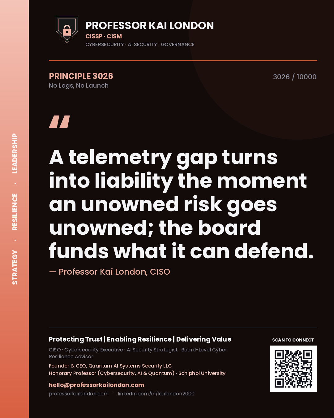 Quote card by Professor Kai London reading 'A telemetry gap turns into liability the moment an unowned risk goes unowned; the board funds what it can defend.'. From the book No Logs, No Launch.
