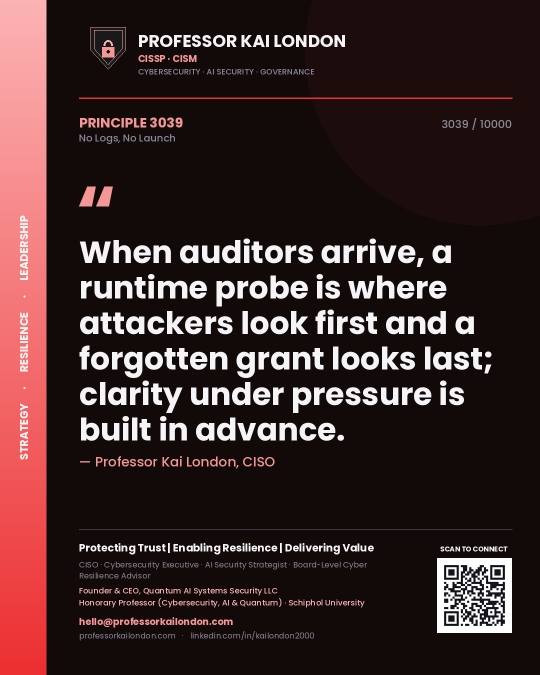 Quote card by Professor Kai London reading 'When auditors arrive, a runtime probe is where attackers look first and a forgotten grant looks last; clarity under pressure is built in advance.'. From the book No Logs, No Launch.