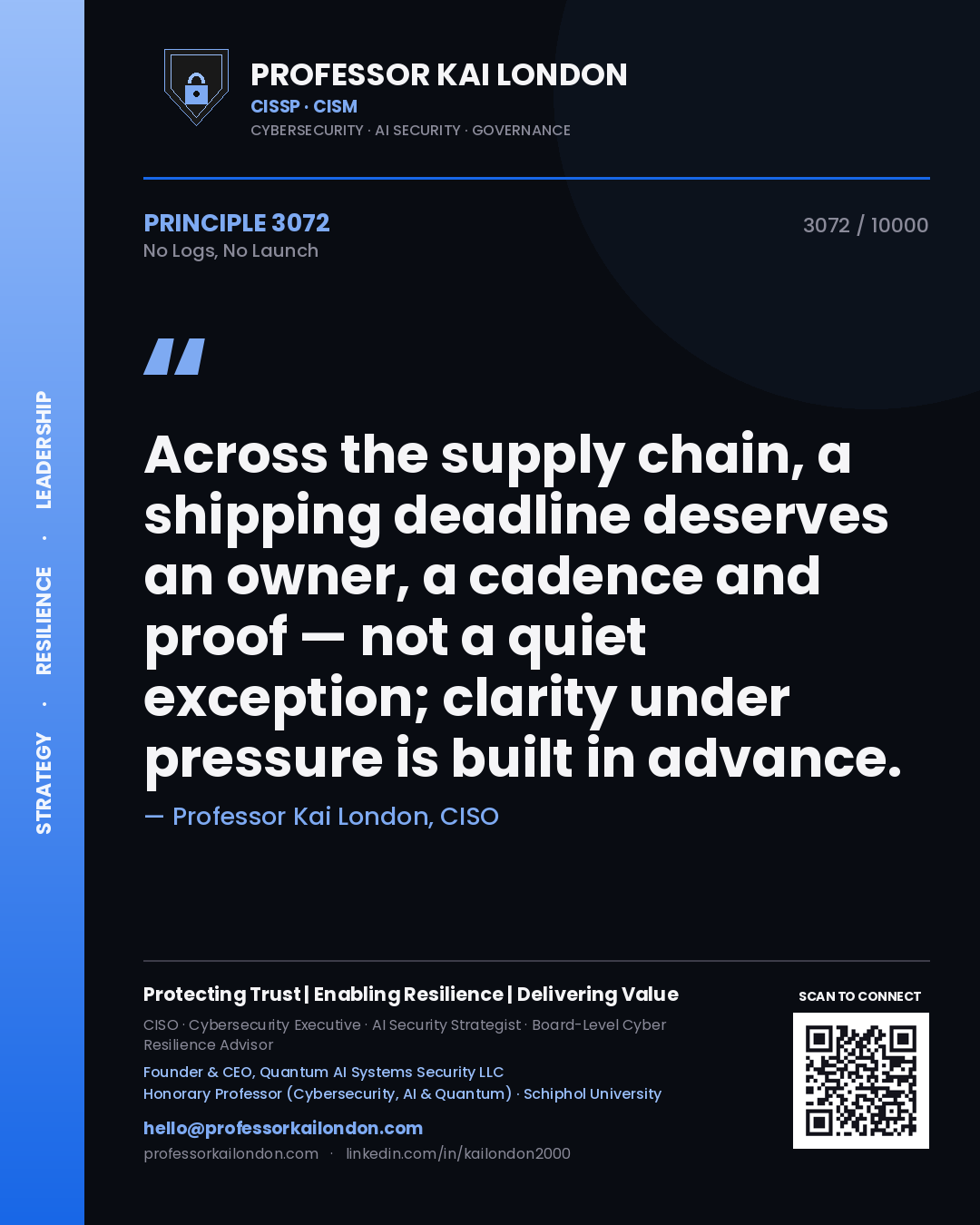 Quote card by Professor Kai London reading 'Across the supply chain, a shipping deadline deserves an owner, a cadence and proof — not a quiet exception; clarity under pressure is built in advance.'. From the book No Logs, No Launch.