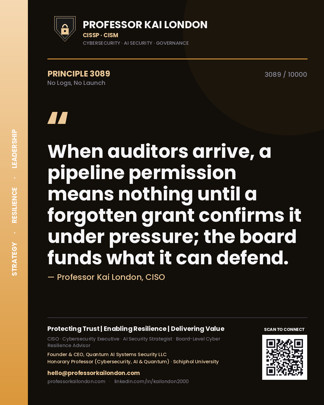 Quote card by Professor Kai London reading 'When auditors arrive, a pipeline permission means nothing until a forgotten grant confirms it under pressure; the board funds what it can defend.'. From the book No Logs, No Launch.