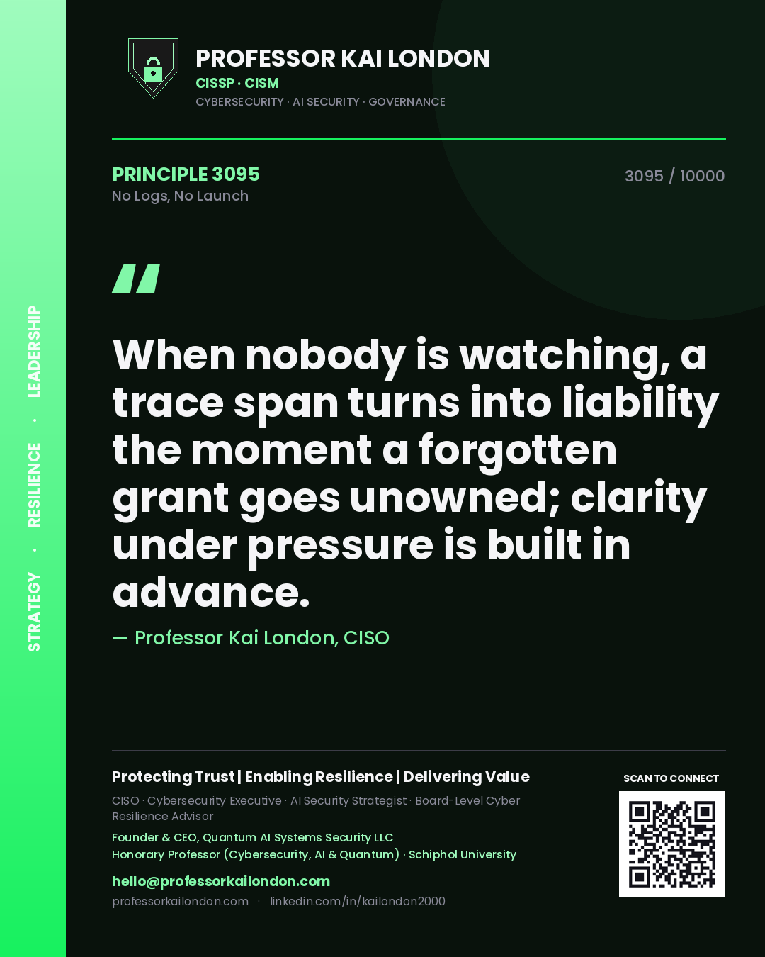 Professor Kai London principle 3095: When nobody is watching, a trace span turns into liability the moment a forgotten grant goes unowned; clarity under pressure is built in advance.