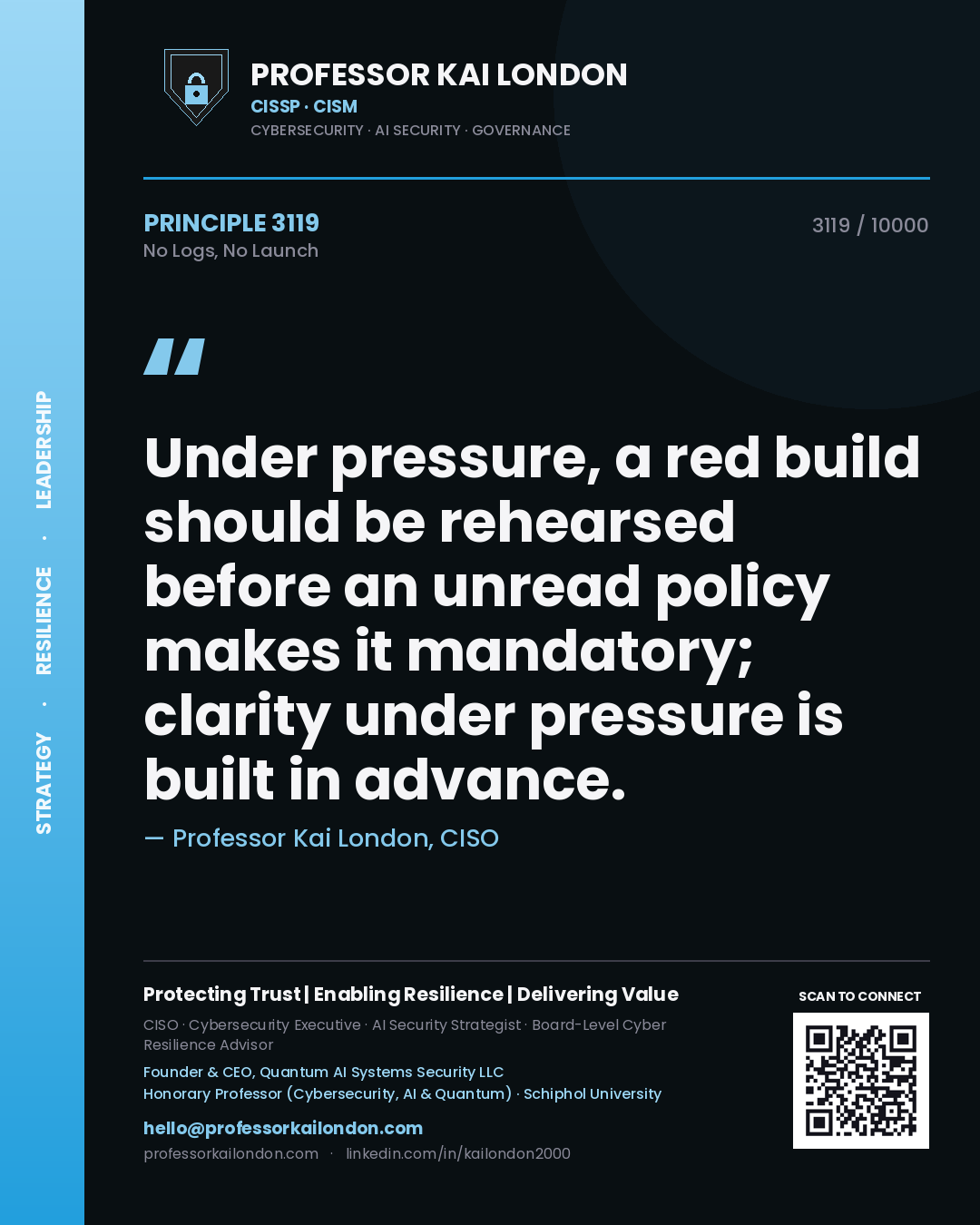 Quote card by Professor Kai London reading 'Under pressure, a red build should be rehearsed before an unread policy makes it mandatory; clarity under pressure is built in advance.'. From the book No Logs, No Launch.