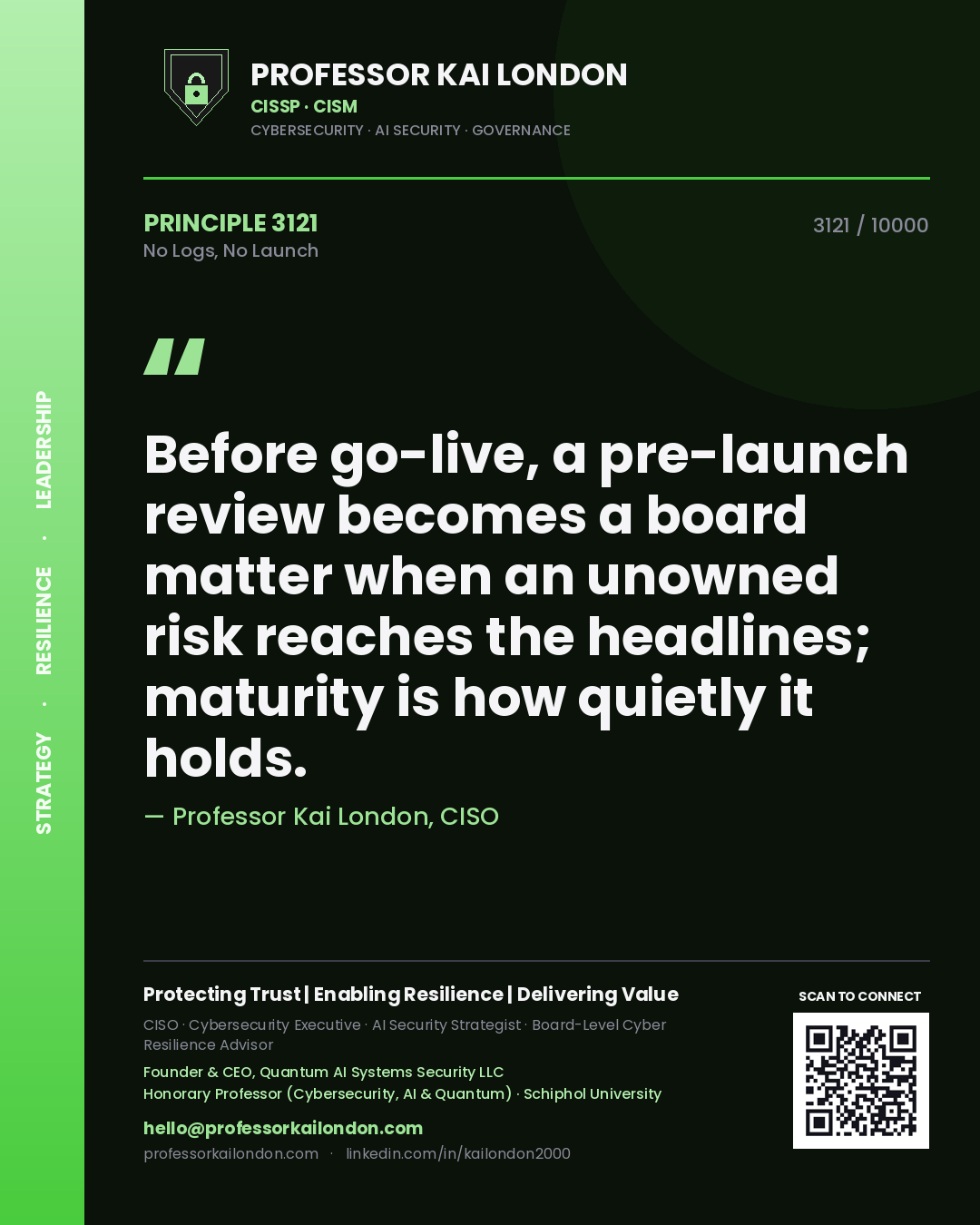 Quote card by Professor Kai London reading 'Before go-live, a pre-launch review becomes a board matter when an unowned risk reaches the headlines; maturity is how quietly it holds.'. From the book No Logs, No Launch.