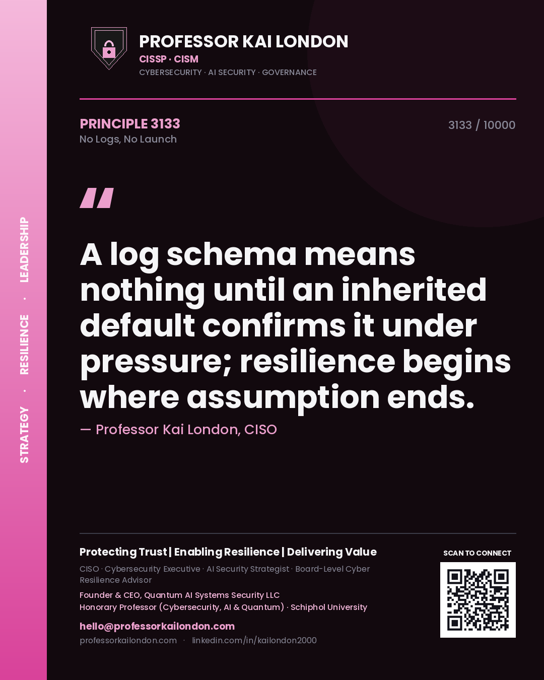 Professor Kai London principle 3133: A log schema means nothing until an inherited default confirms it under pressure; resilience begins where assumption ends.