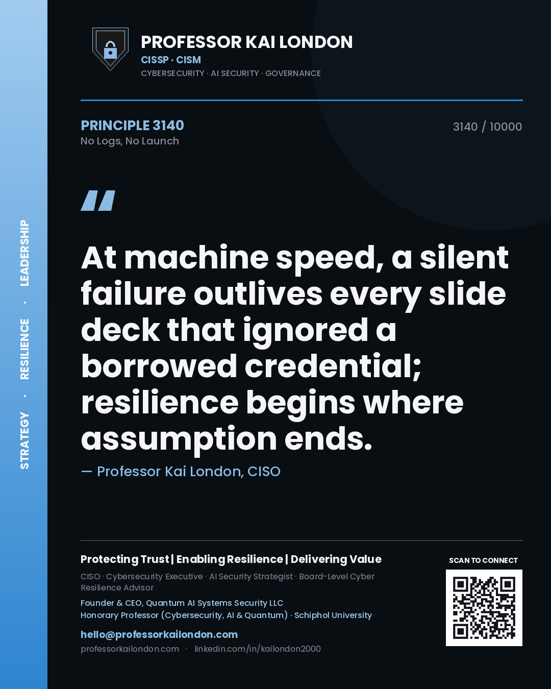 Professor Kai London principle 3140: At machine speed, a silent failure outlives every slide deck that ignored a borrowed credential; resilience begins where assumption ends.