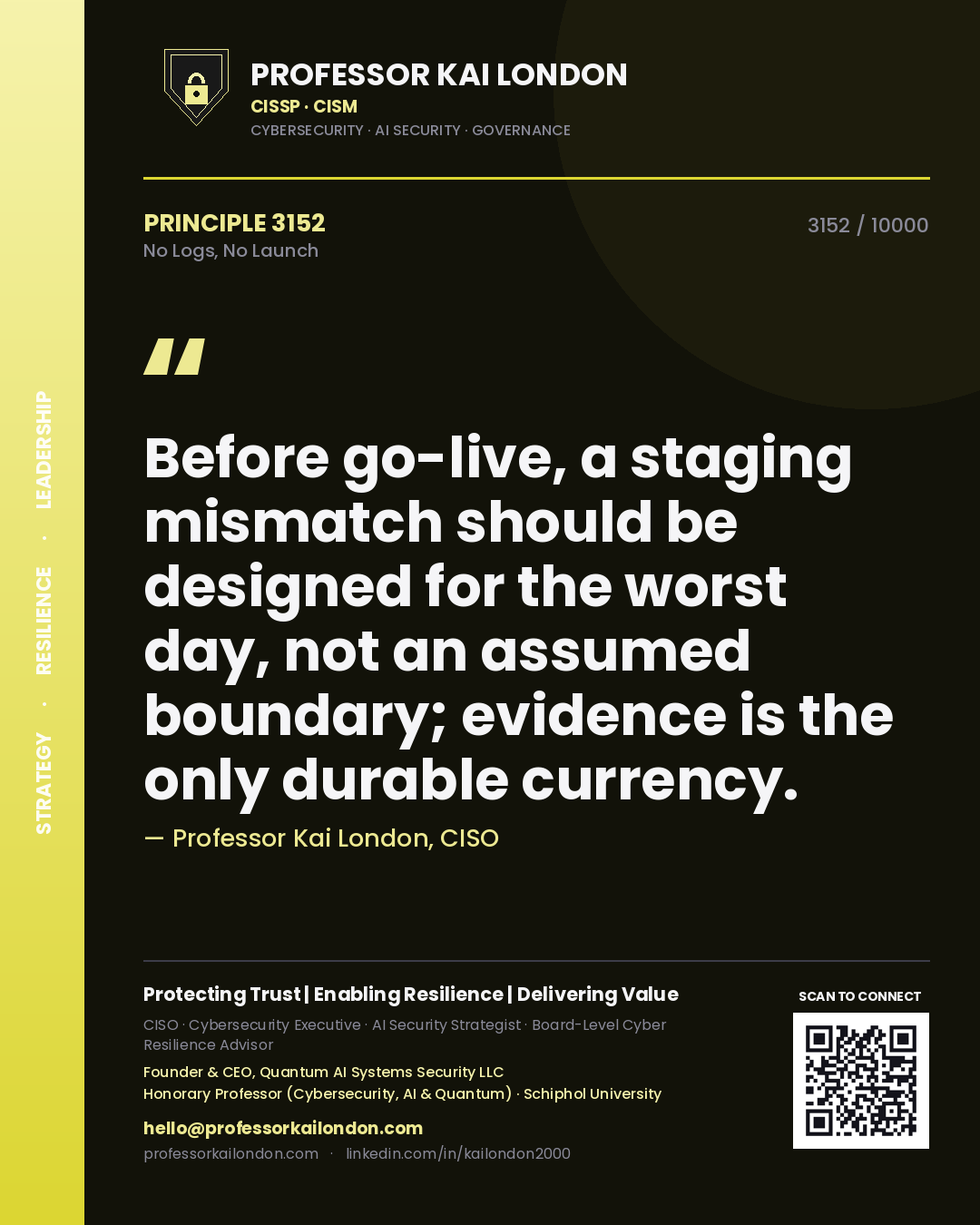 Professor Kai London principle 3152: Before go-live, a staging mismatch should be designed for the worst day, not an assumed boundary; evidence is the only durable currency.
