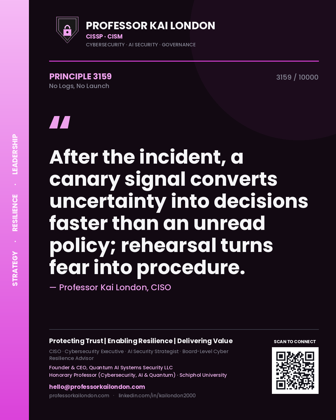 Quote card by Professor Kai London reading 'After the incident, a canary signal converts uncertainty into decisions faster than an unread policy; rehearsal turns fear into procedure.'. From the book No Logs, No Launch.