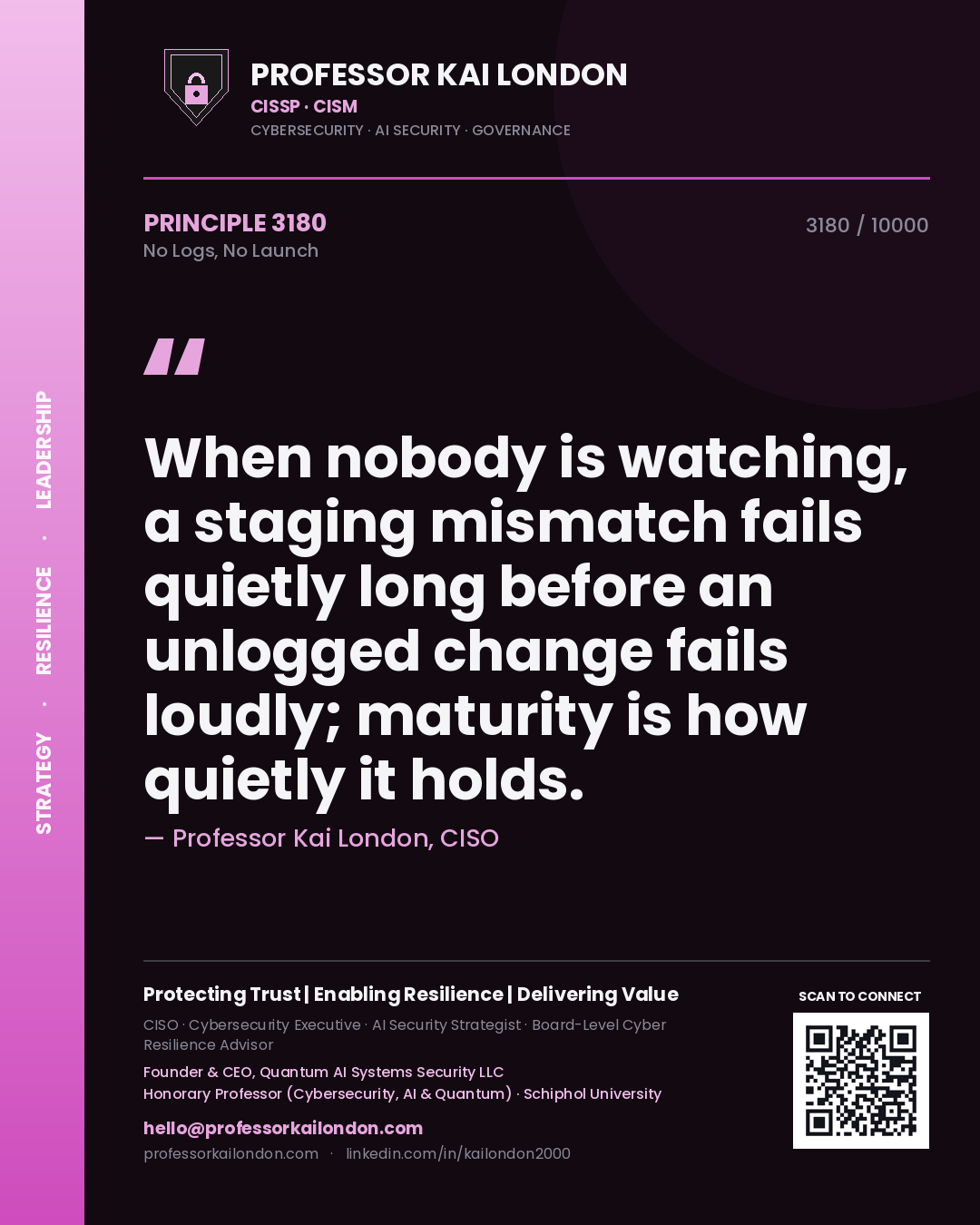Professor Kai London principle 3180: When nobody is watching, a staging mismatch fails quietly long before an unlogged change fails loudly; maturity is how quietly it holds.