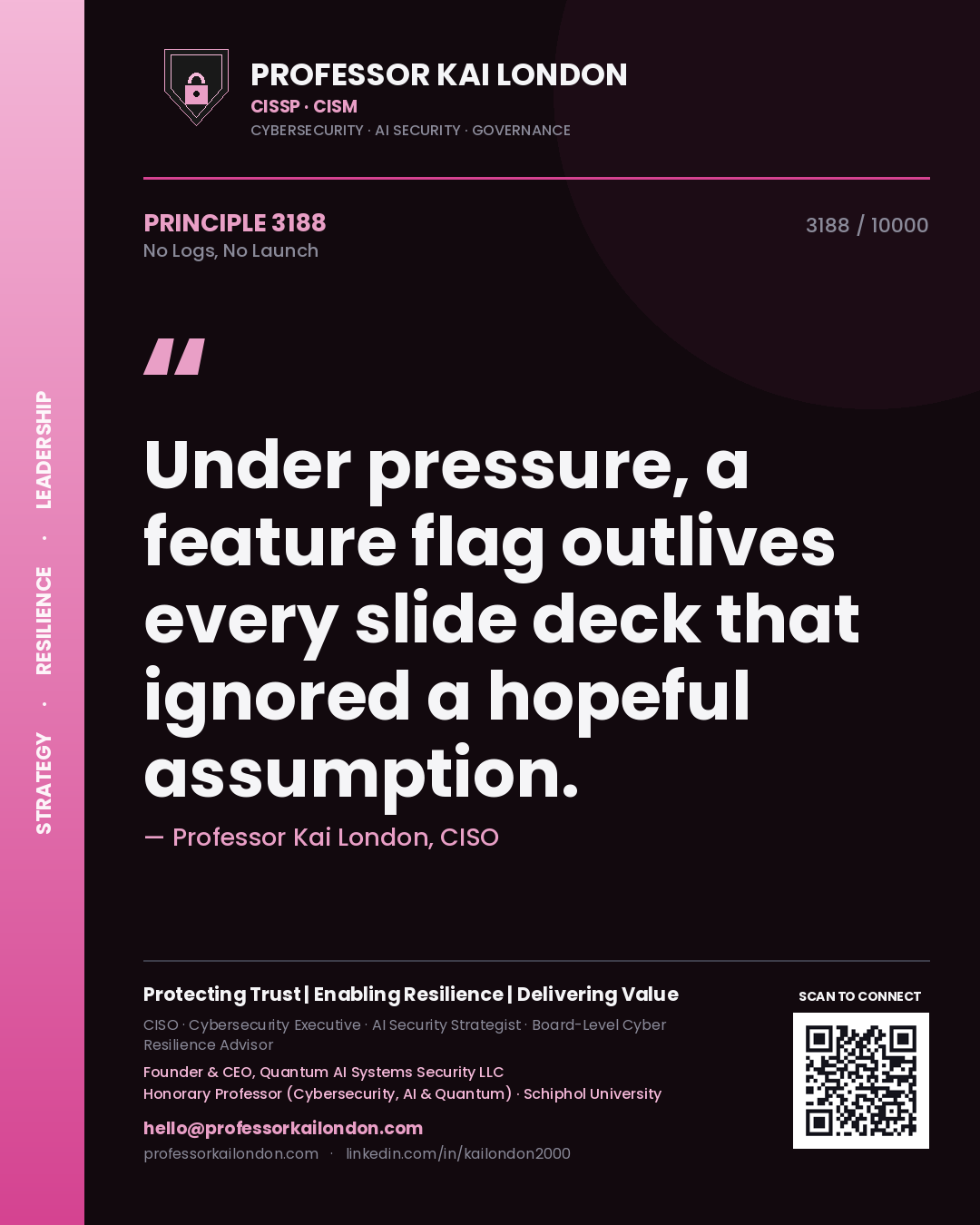 Quote card by Professor Kai London reading 'Under pressure, a feature flag outlives every slide deck that ignored a hopeful assumption.'. From the book No Logs, No Launch.