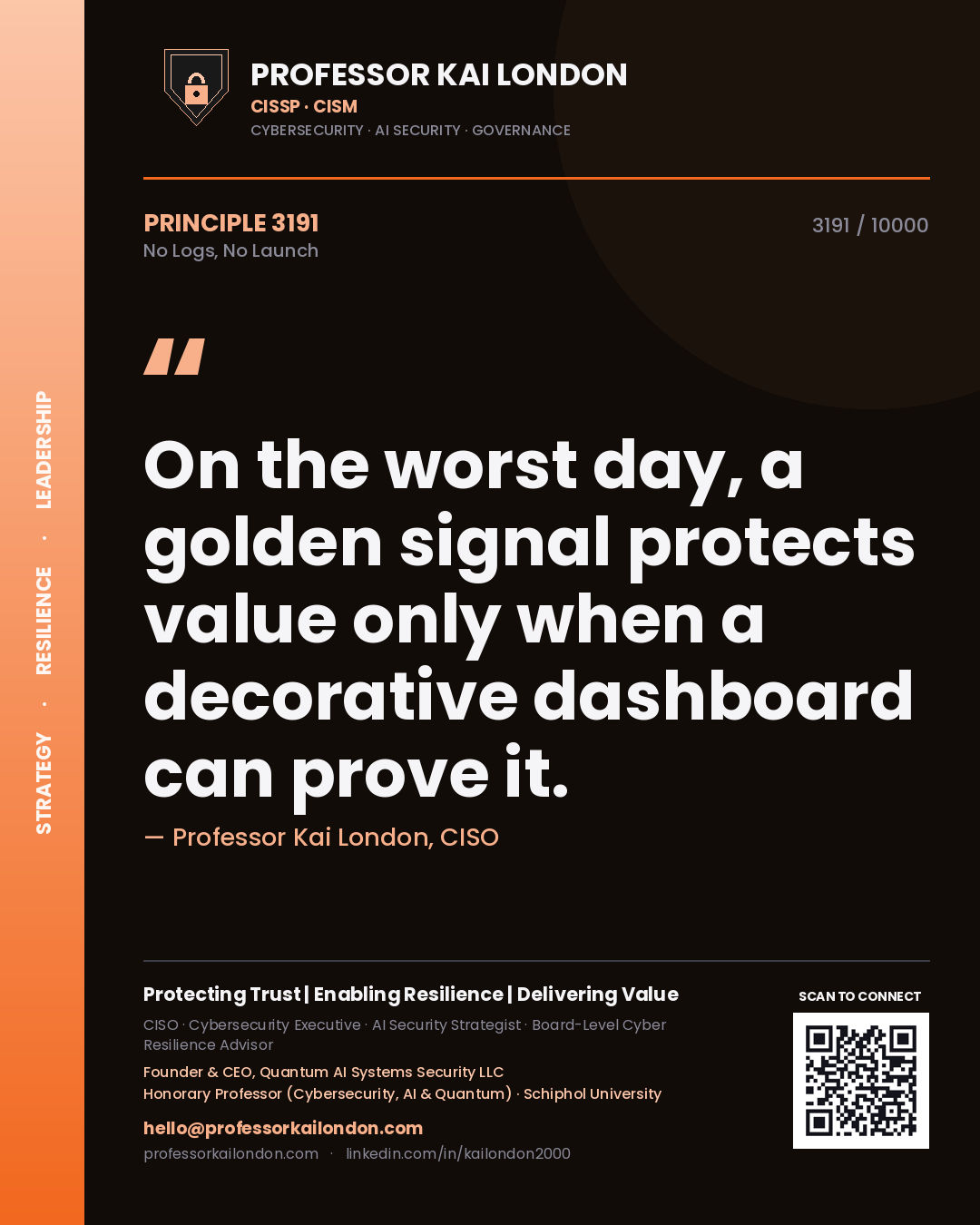 Quote card by Professor Kai London reading 'On the worst day, a golden signal protects value only when a decorative dashboard can prove it.'. From the book No Logs, No Launch.