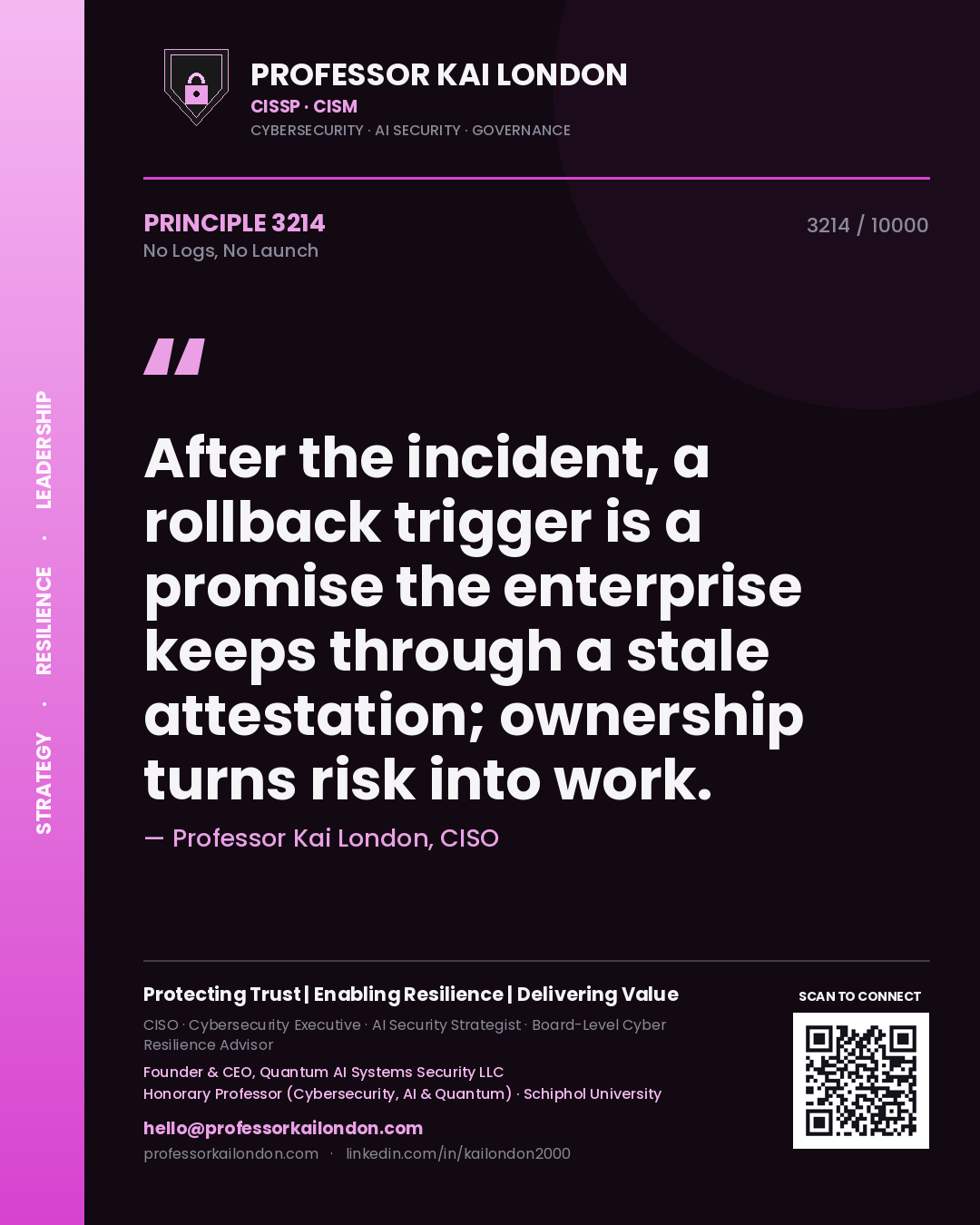 Quote card by Professor Kai London reading 'After the incident, a rollback trigger is a promise the enterprise keeps through a stale attestation; ownership turns risk into work.'. From the book No Logs, No Launch.